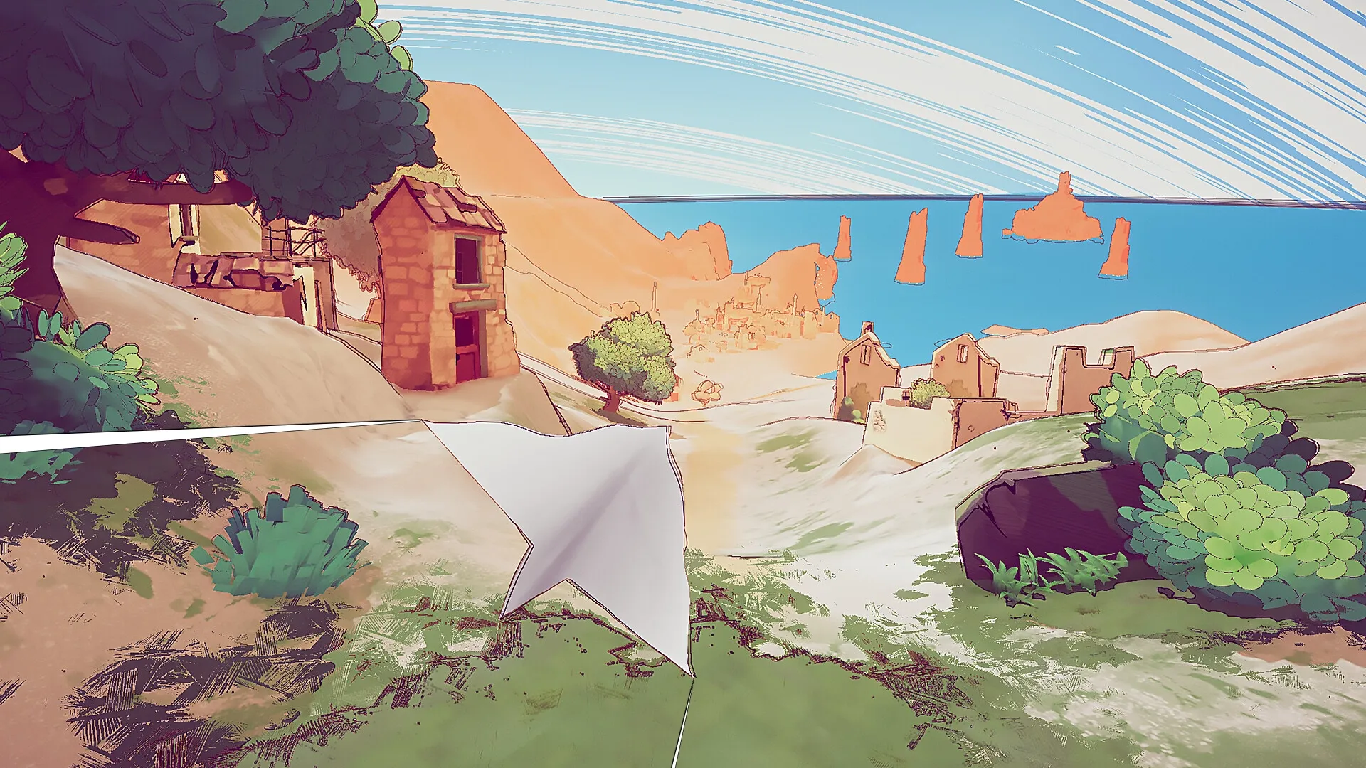 Paper Sky: Gliding paper plane over vibrant coastal village with distant sea stacks under clear sky