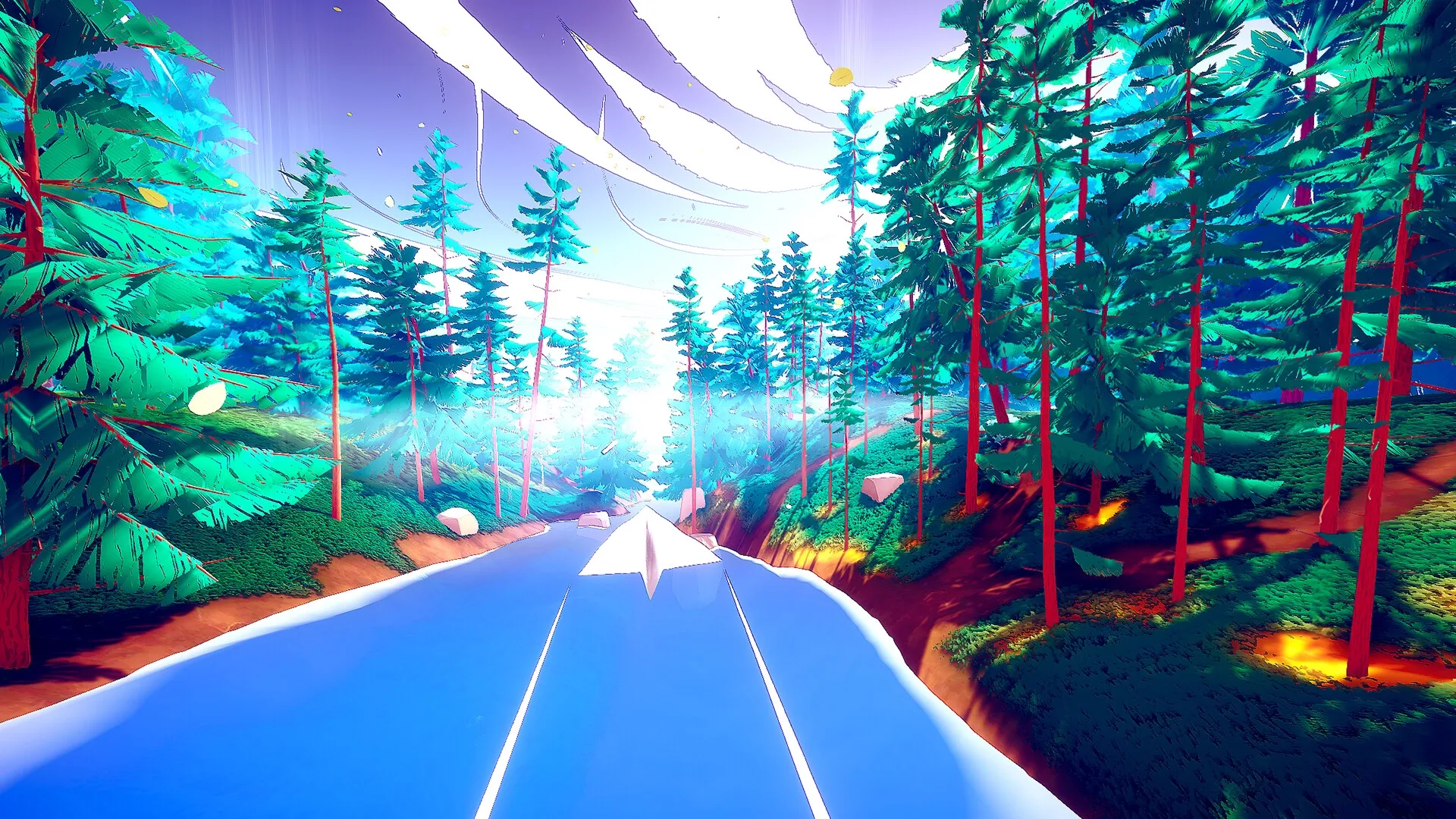 Paper Sky: White paper plane gliding over a river surrounded by lush, vibrant forest trees and sunlight.