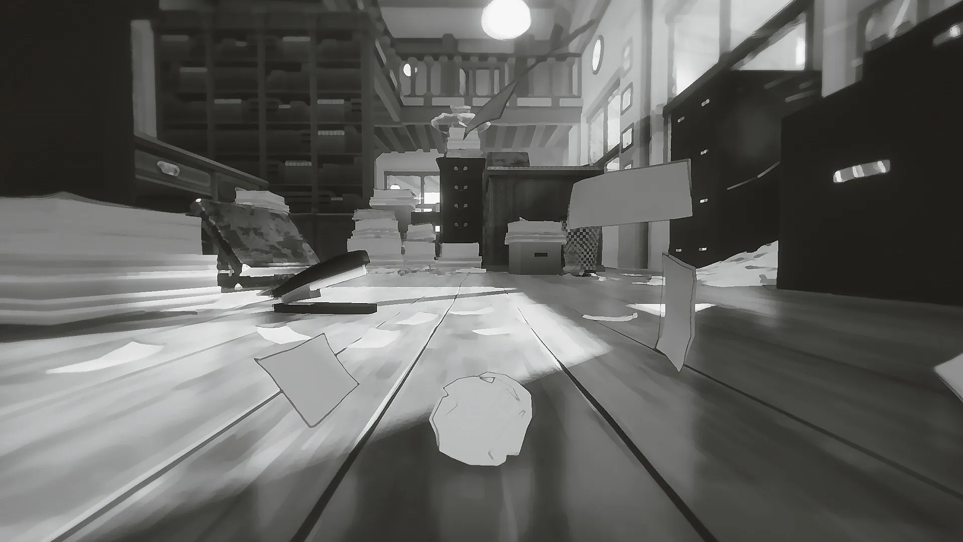 Paper Sky: Paper plane gliding through cluttered office with scattered papers and filing cabinets