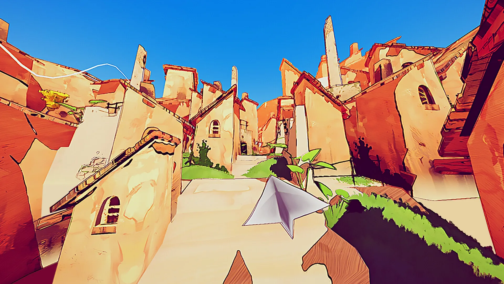 Paper Sky: Glide paper plane through a vibrant village with orange rooftops under a clear blue sky