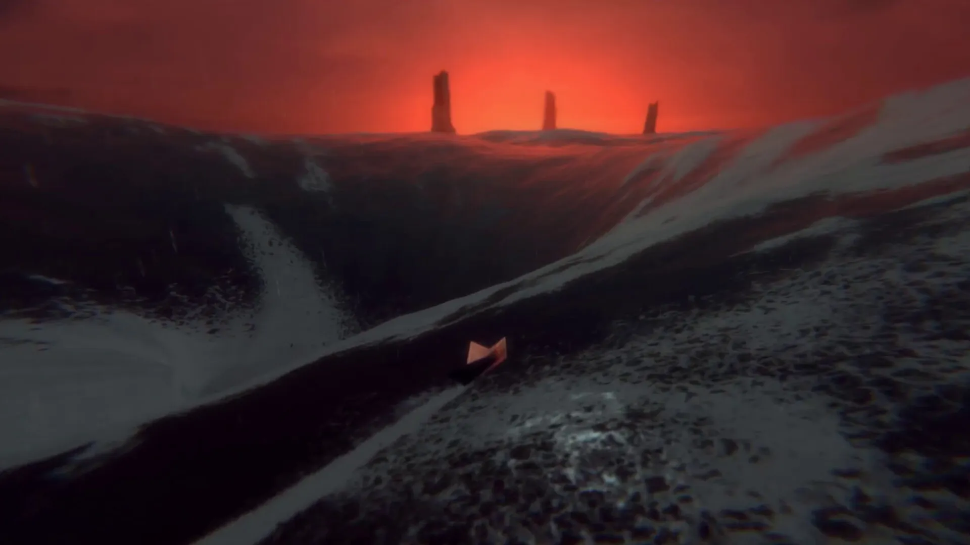 Paper Sky: Paper plane gliding over dark, hilly terrain with glowing red sky and distant monoliths