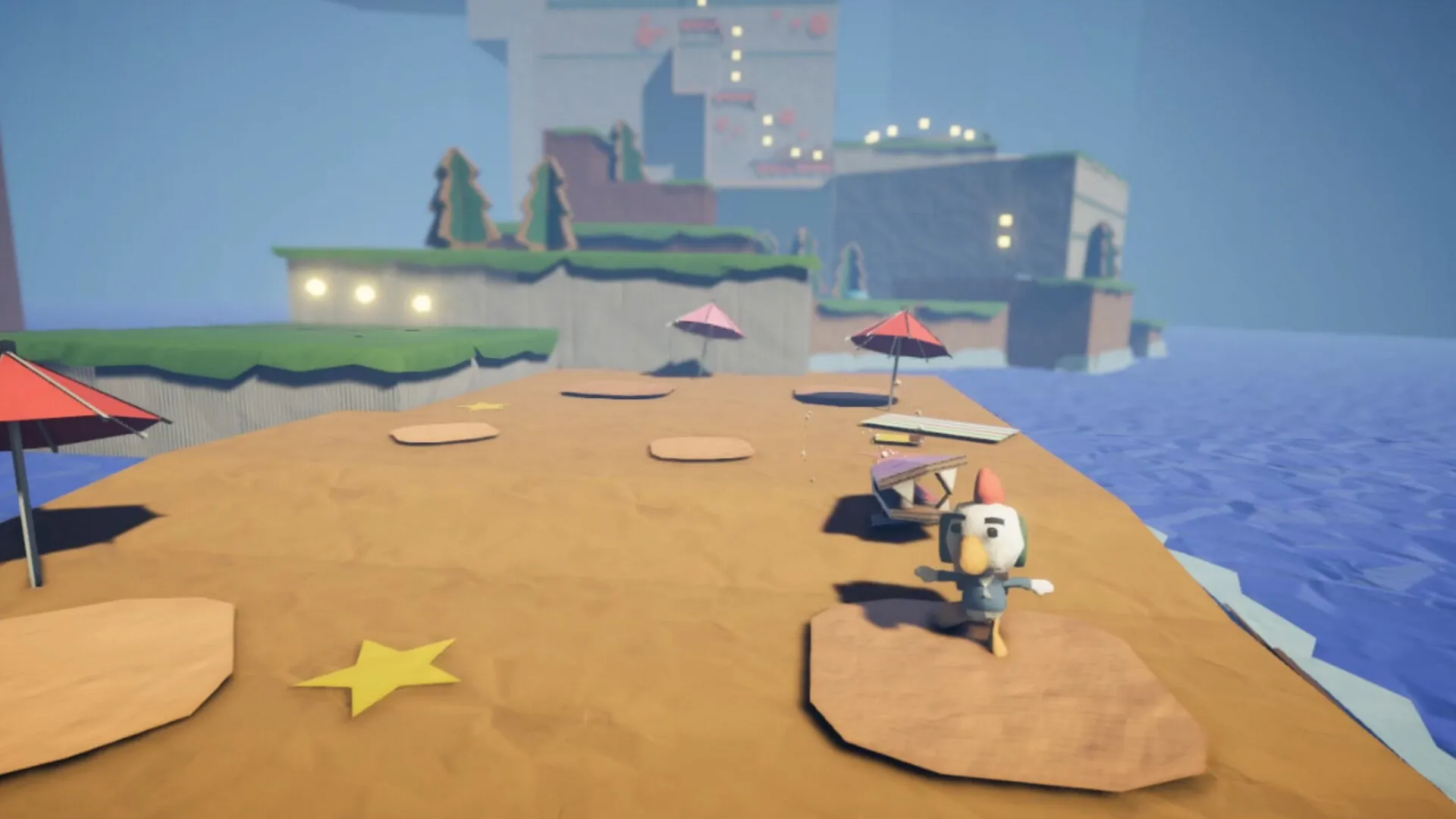 PaperKlay: Character exploring a beach with umbrellas and distant cliffs in a serene coastal setting