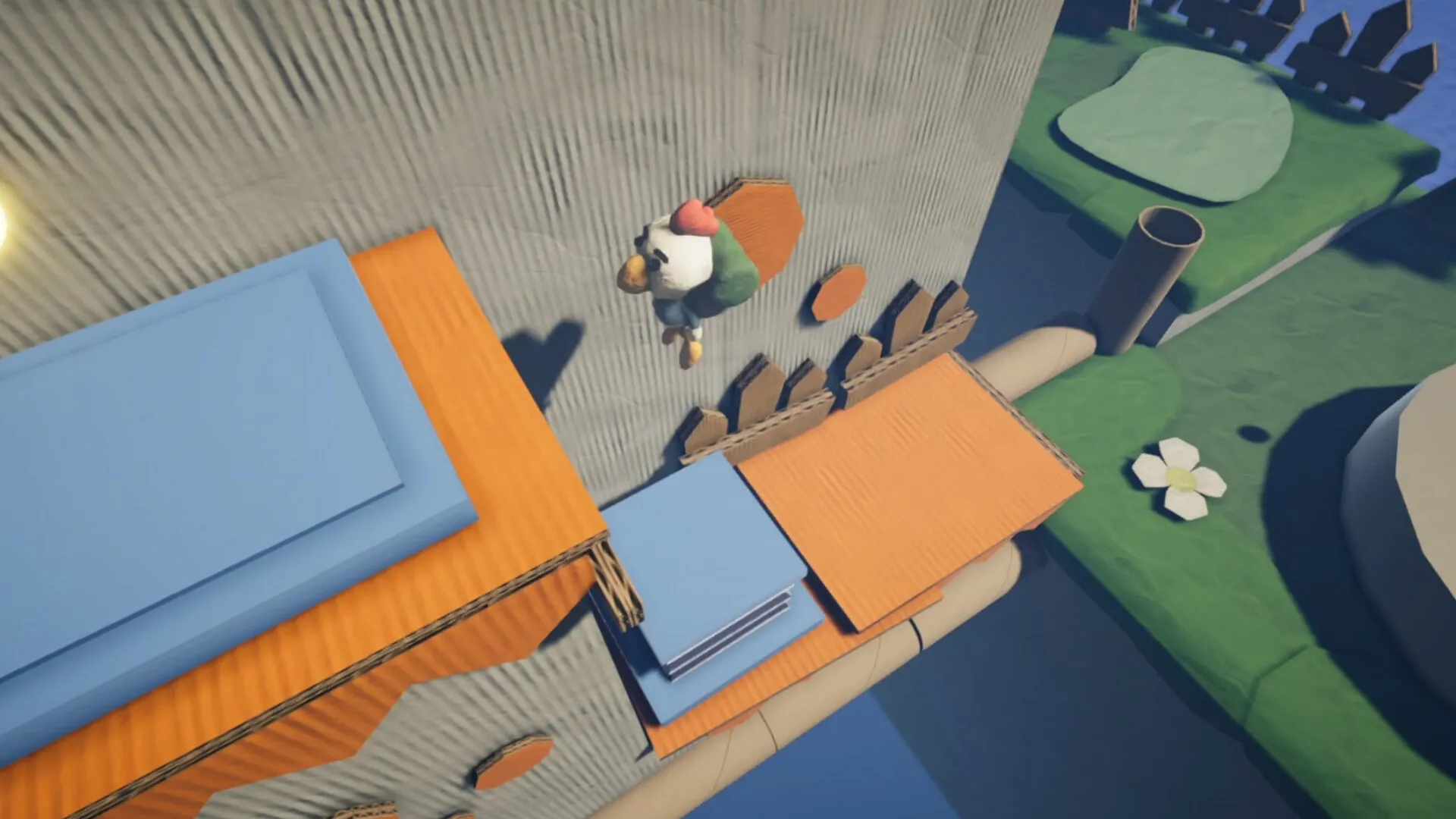 PaperKlay: Character performs a double-jump across cardboard platforms in a vibrant outdoor environment