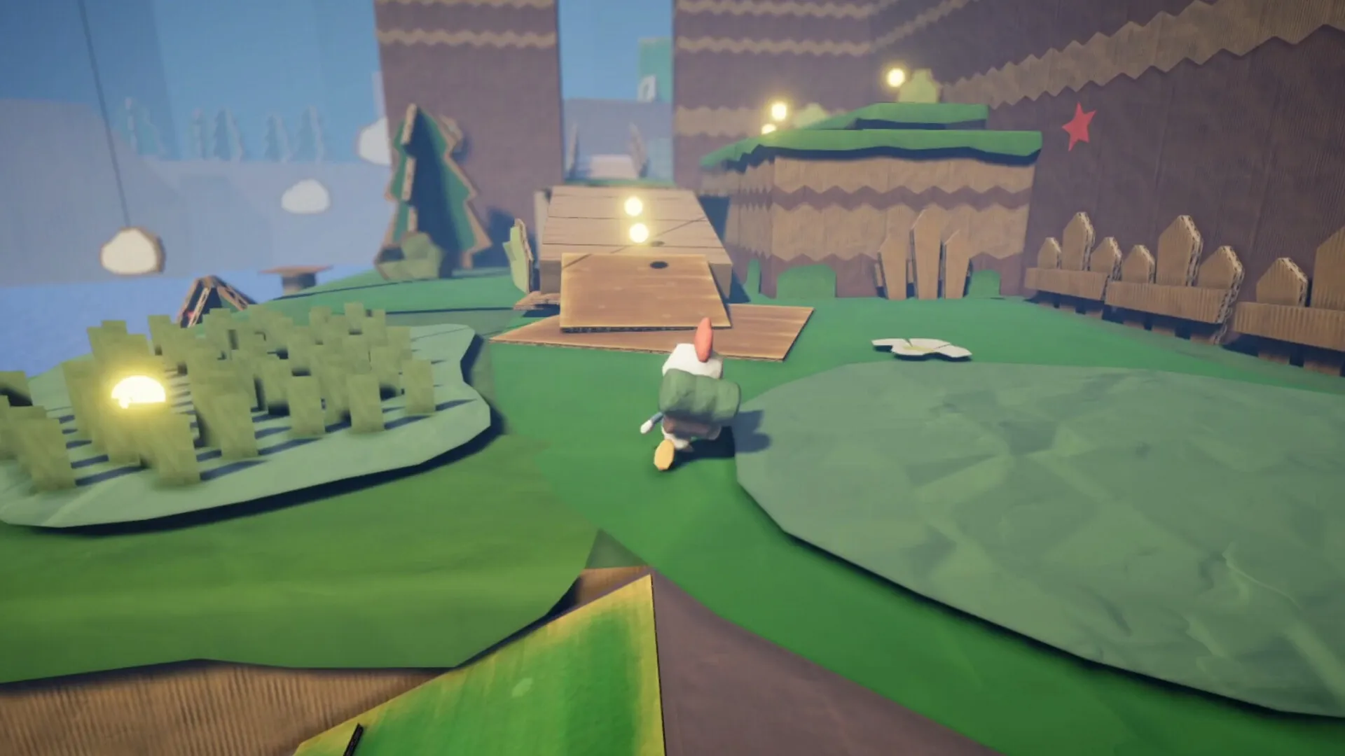 PaperKlay: Character exploring a cardboard landscape with glowing orbs and wooden ramps