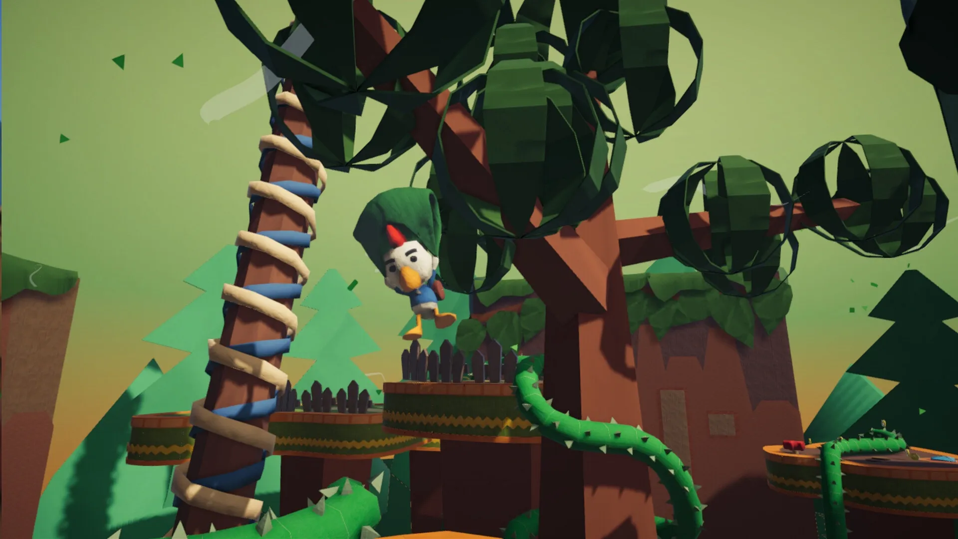 PaperKlay: Character swings from vine in a lush forest with platforms and a coiled tree trunk nearby