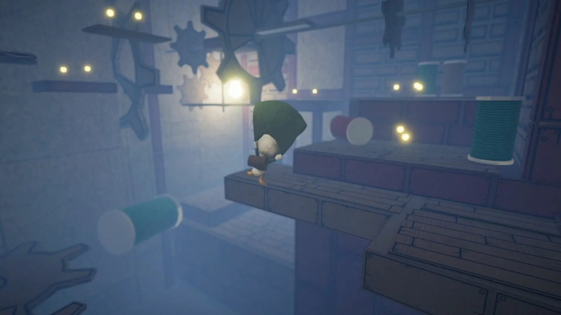 PaperKlay: Character gliding with parachute over gears in a misty industrial-themed platforming area