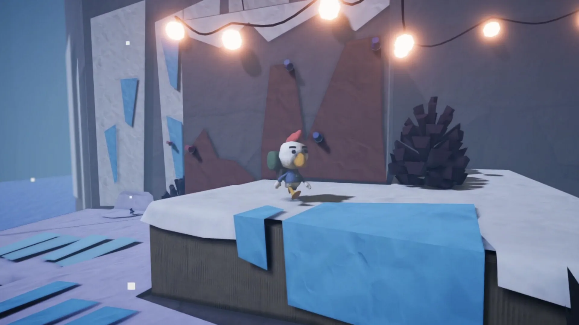 PaperKlay: Character walking on snowy platform under hanging lights in a papercraft mountain setting