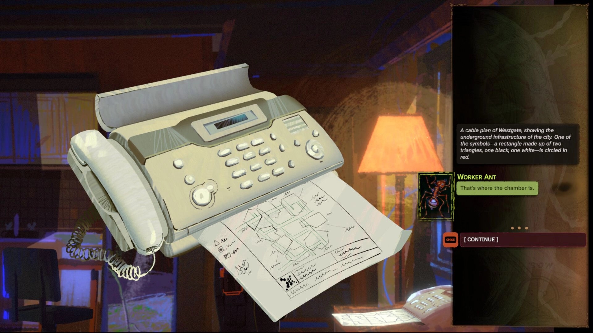 Parasensor: Fax machine prints a cable plan as Worker Ant dialogue UI appears in dim office scene.