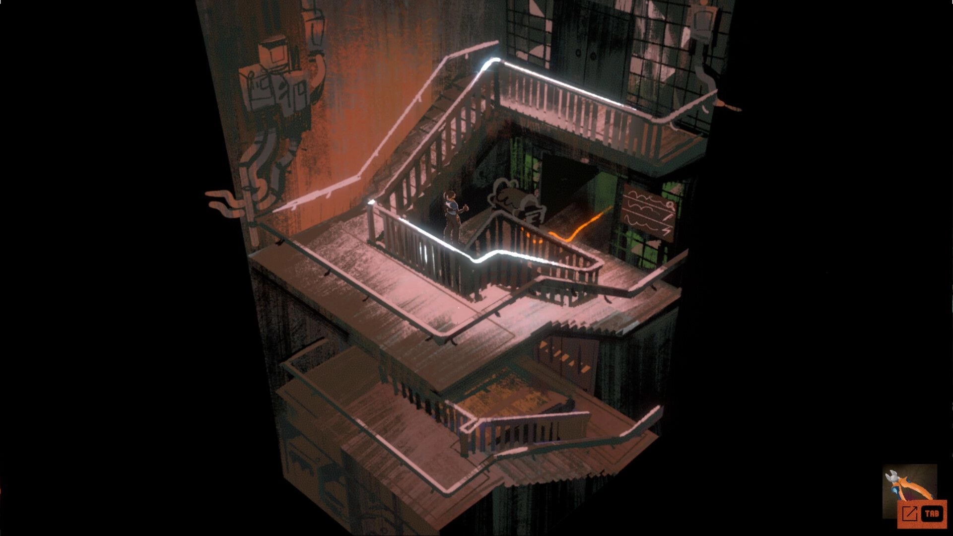 Parasensor: Player character on a graffiti-covered stairwell with glowing railings and a TAB prompt UI.