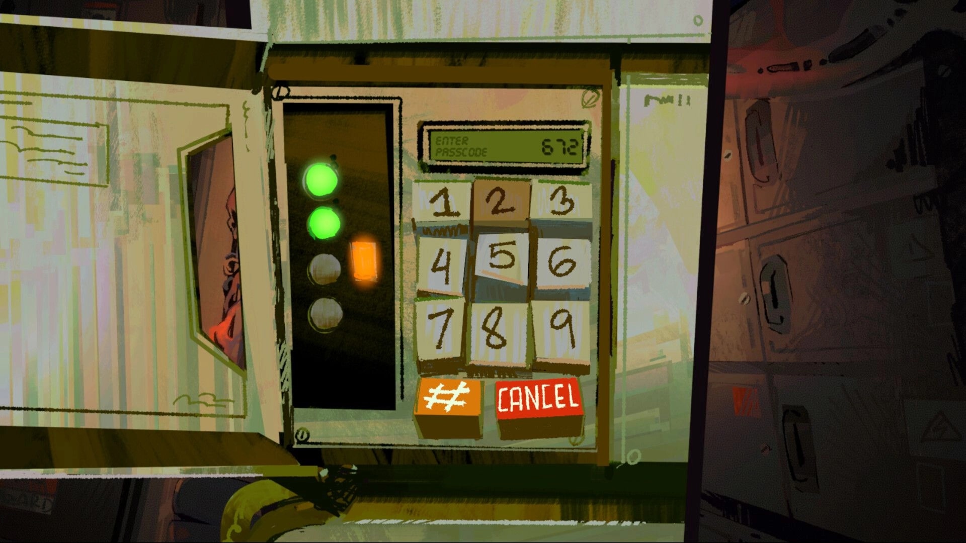 Parasensor: Passcode keypad puzzle with green indicator lights on a wall panel in a dim room.