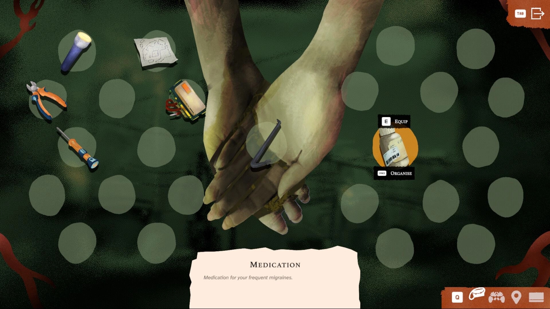 Parasensor: Inventory grid with tools and migraine medication selected, equip prompt on green backdrop.