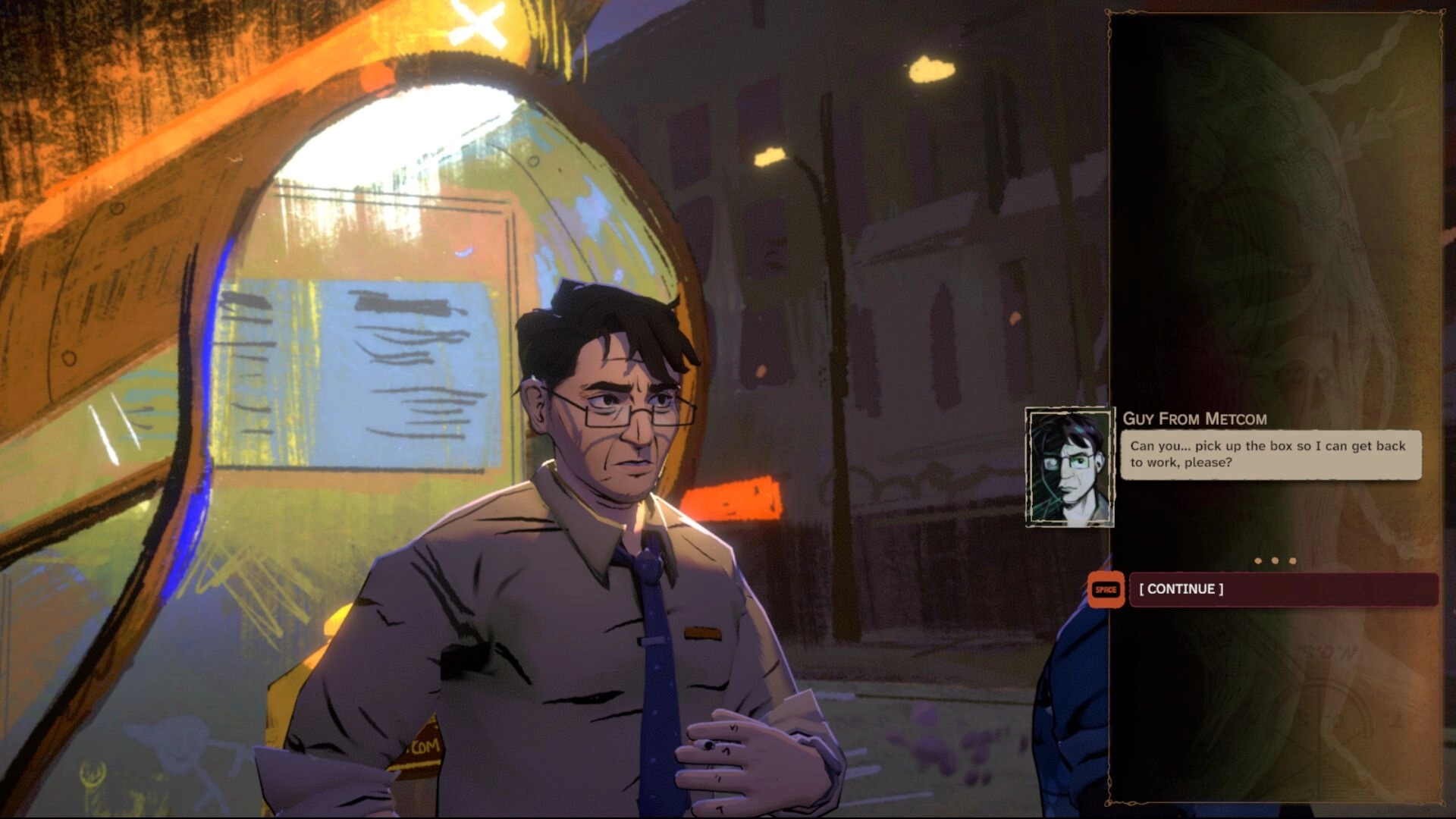 Parasensor: Dialogue with Guy From Metcom beside a van at night, continue prompt visible.