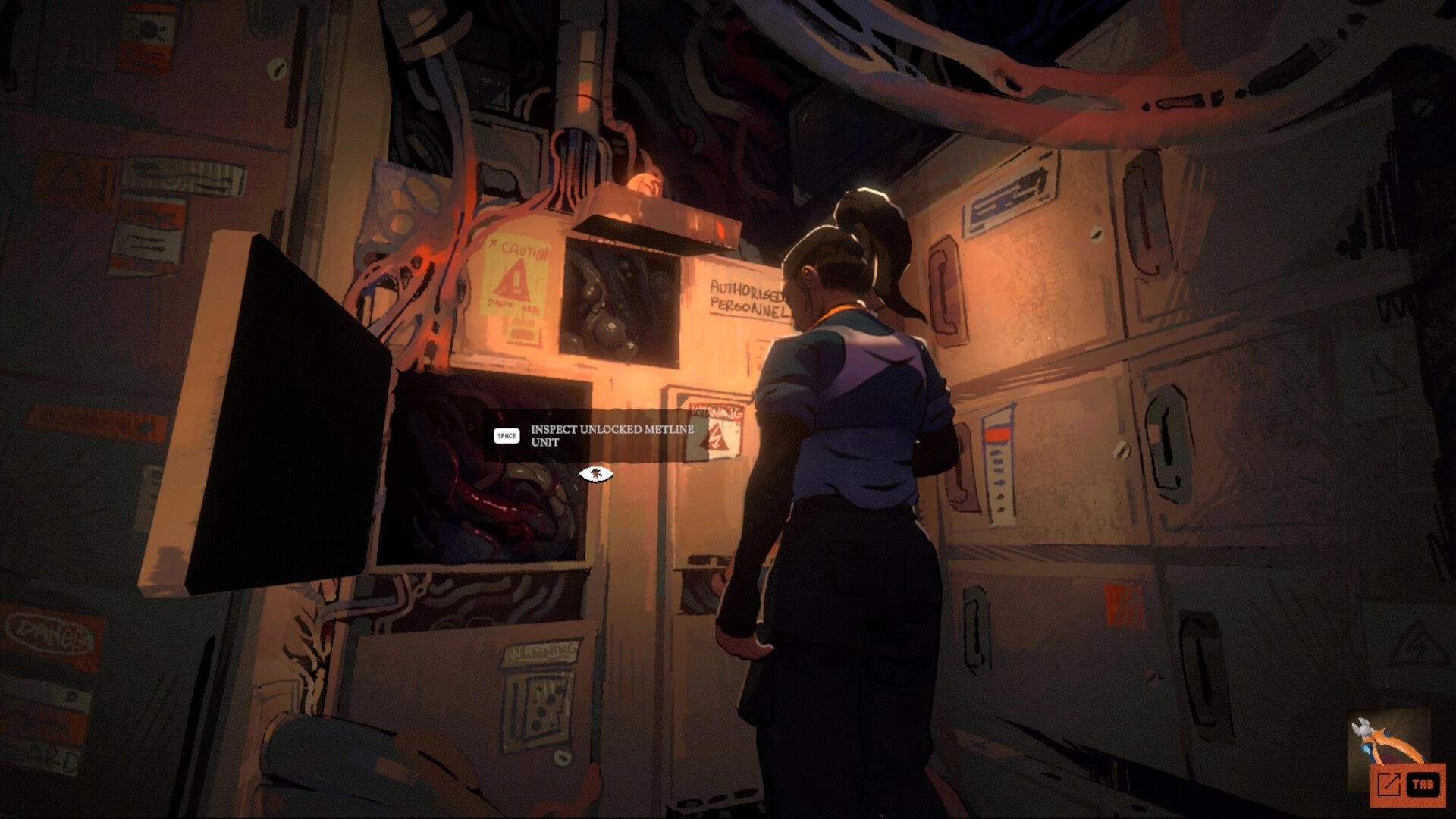 Parasensor: Marisol inspects an unlocked metline unit in a cramped, cable-filled maintenance room.