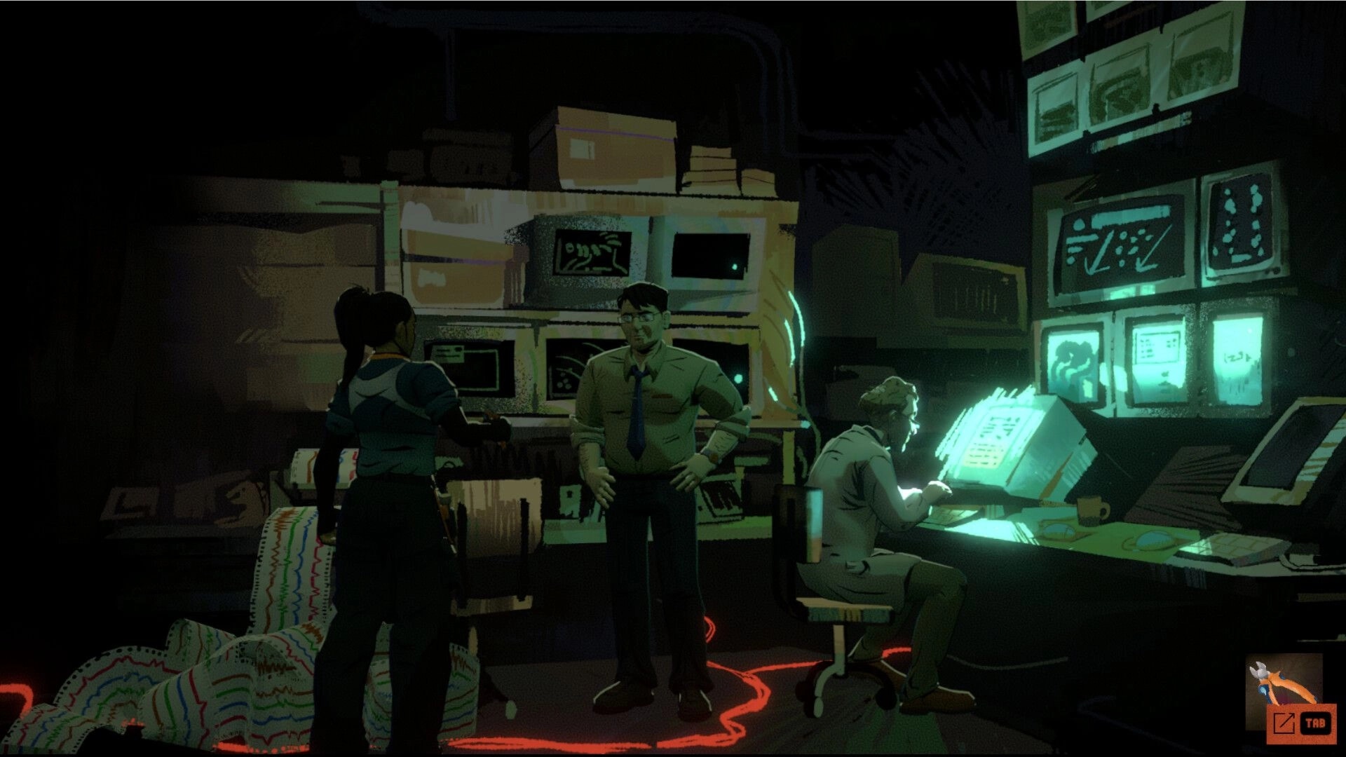 Parasensor: Marisol talks to two technicians in a dim control room with glowing monitors and maps.