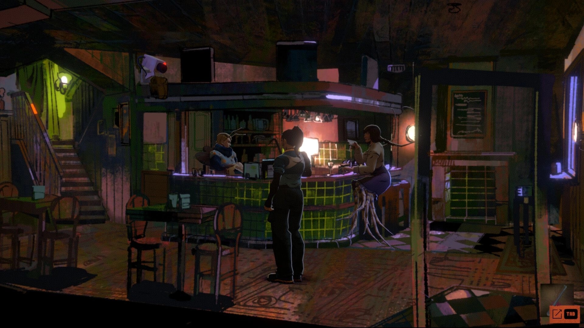 Parasensor: Player character at a diner counter with two NPCs, one on insect legs in neon bar interior.