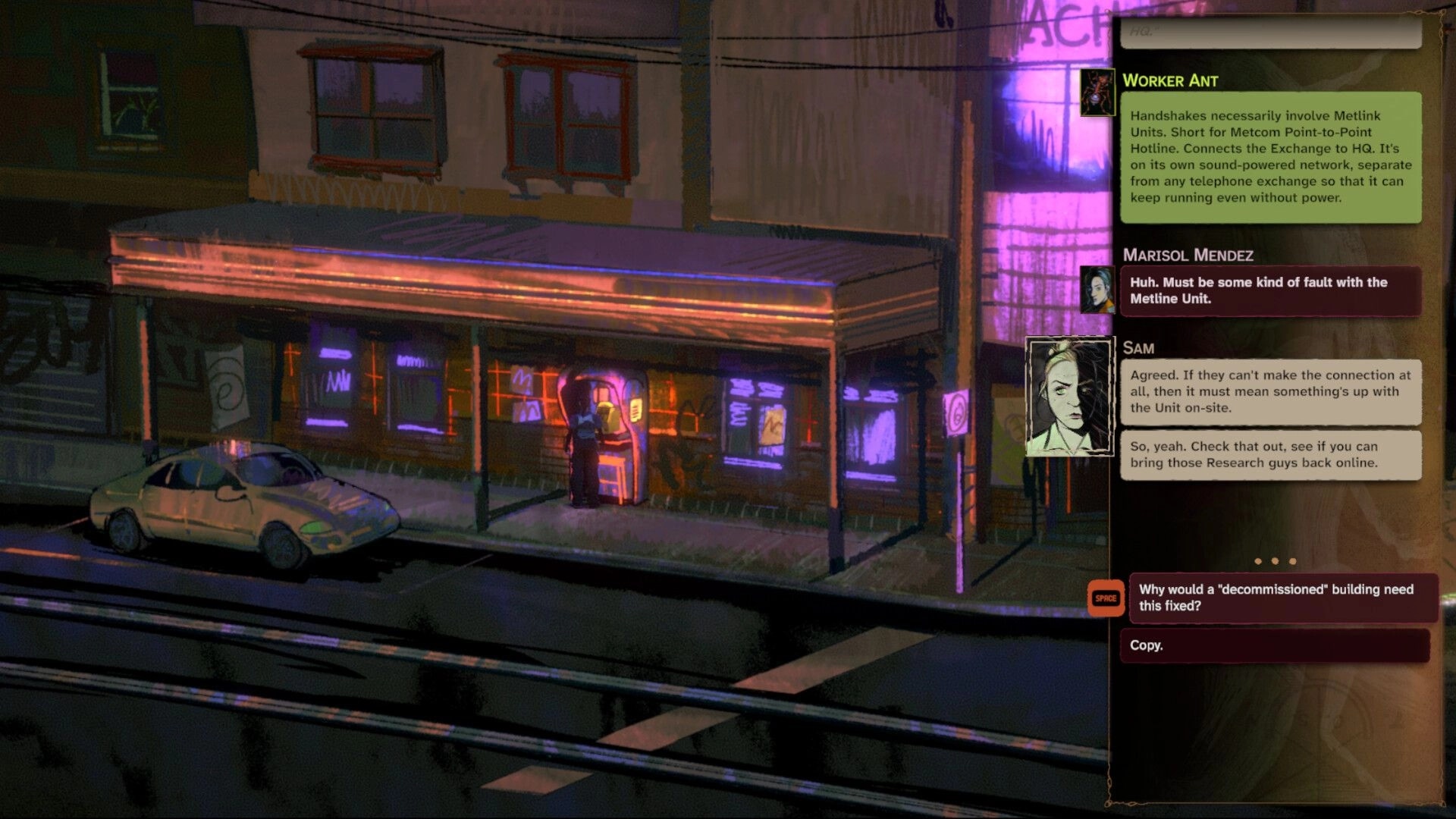 Parasensor: Marisol at a neon phone booth as dialogue UI fills screen outside a storefront at night.