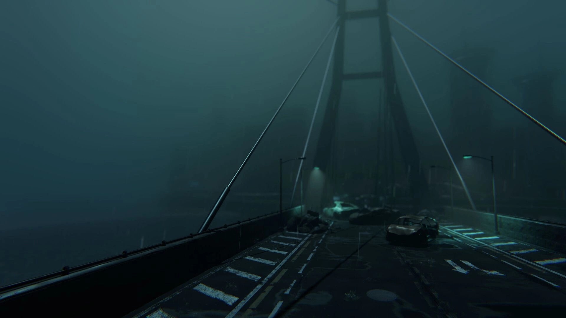 Parasite Mutant: Abandoned bridge cloaked in fog, scattered vehicles under dim streetlights in city outskirts