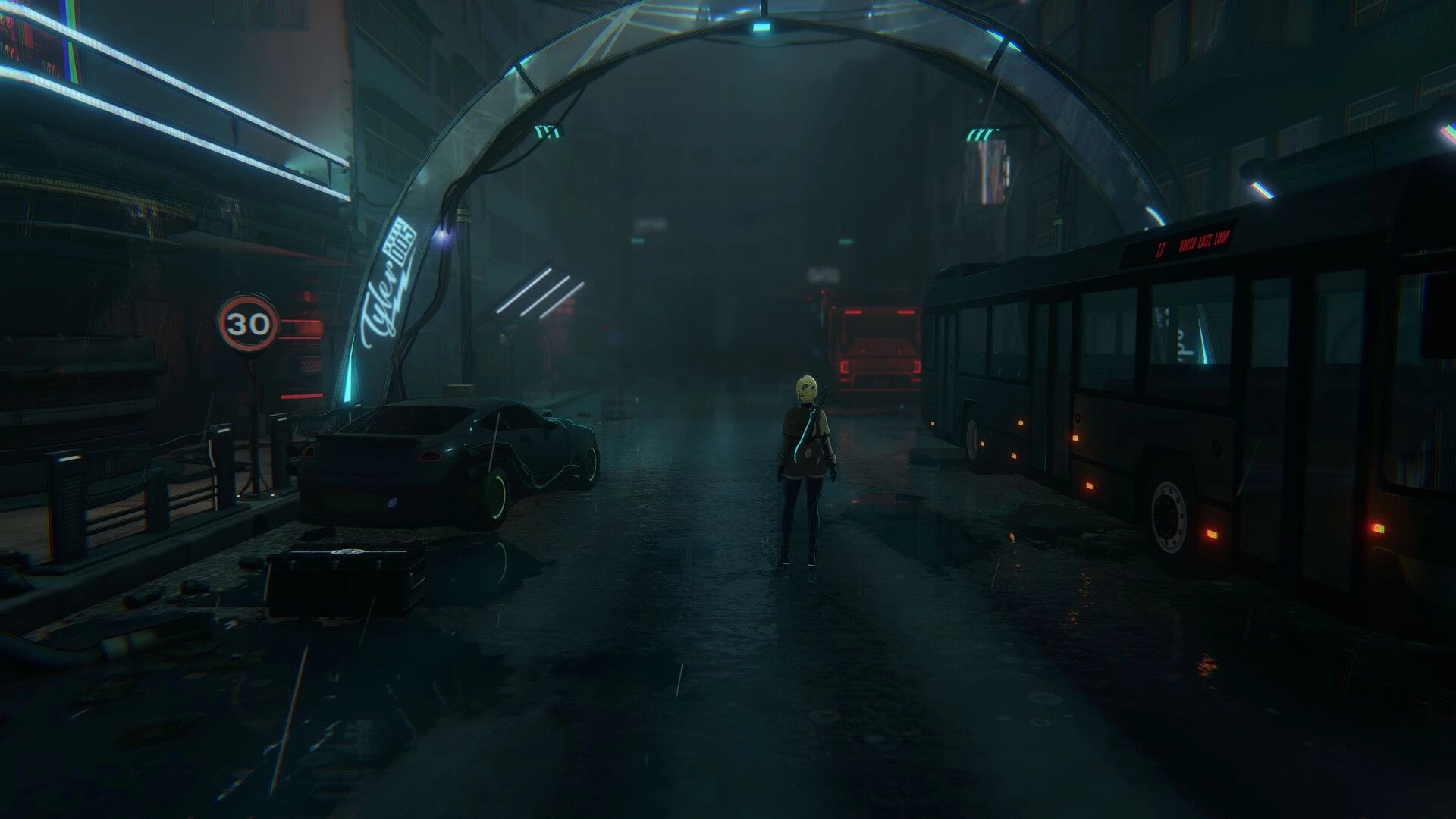 Parasite Mutant: Psionic Agent Nova explores a rainy, neon-lit street with abandoned vehicles.