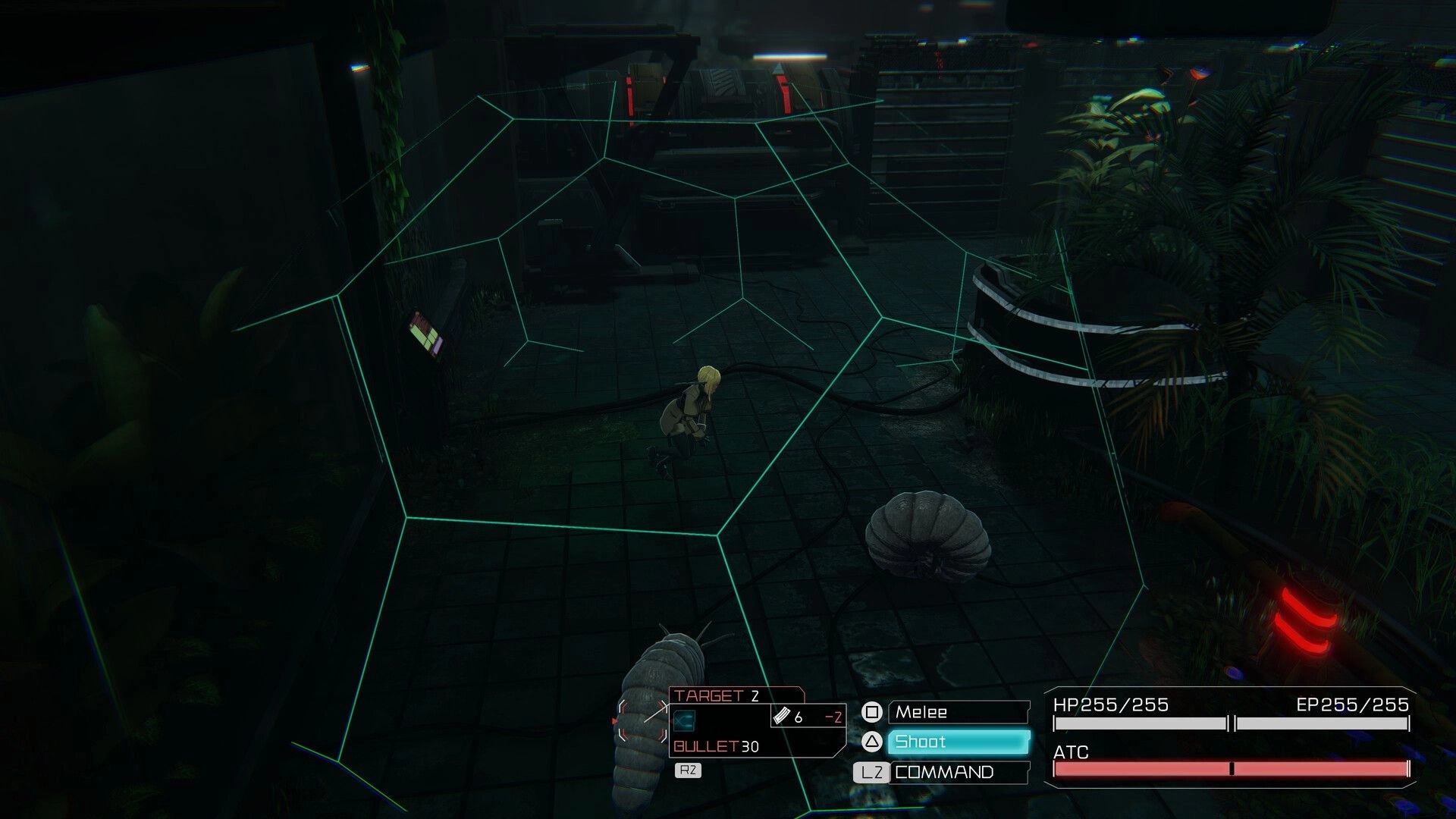 Parasite Mutant: Nova aiming weapon at alien creatures in dark, overgrown industrial environment