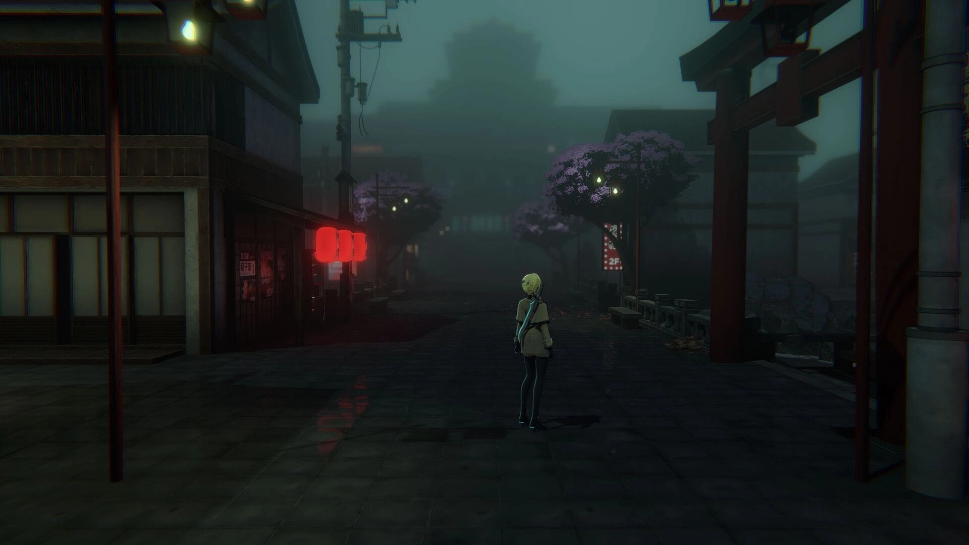 Parasite Mutant: Psionic Agent Nova explores a foggy, lantern-lit street of an abandoned island city.