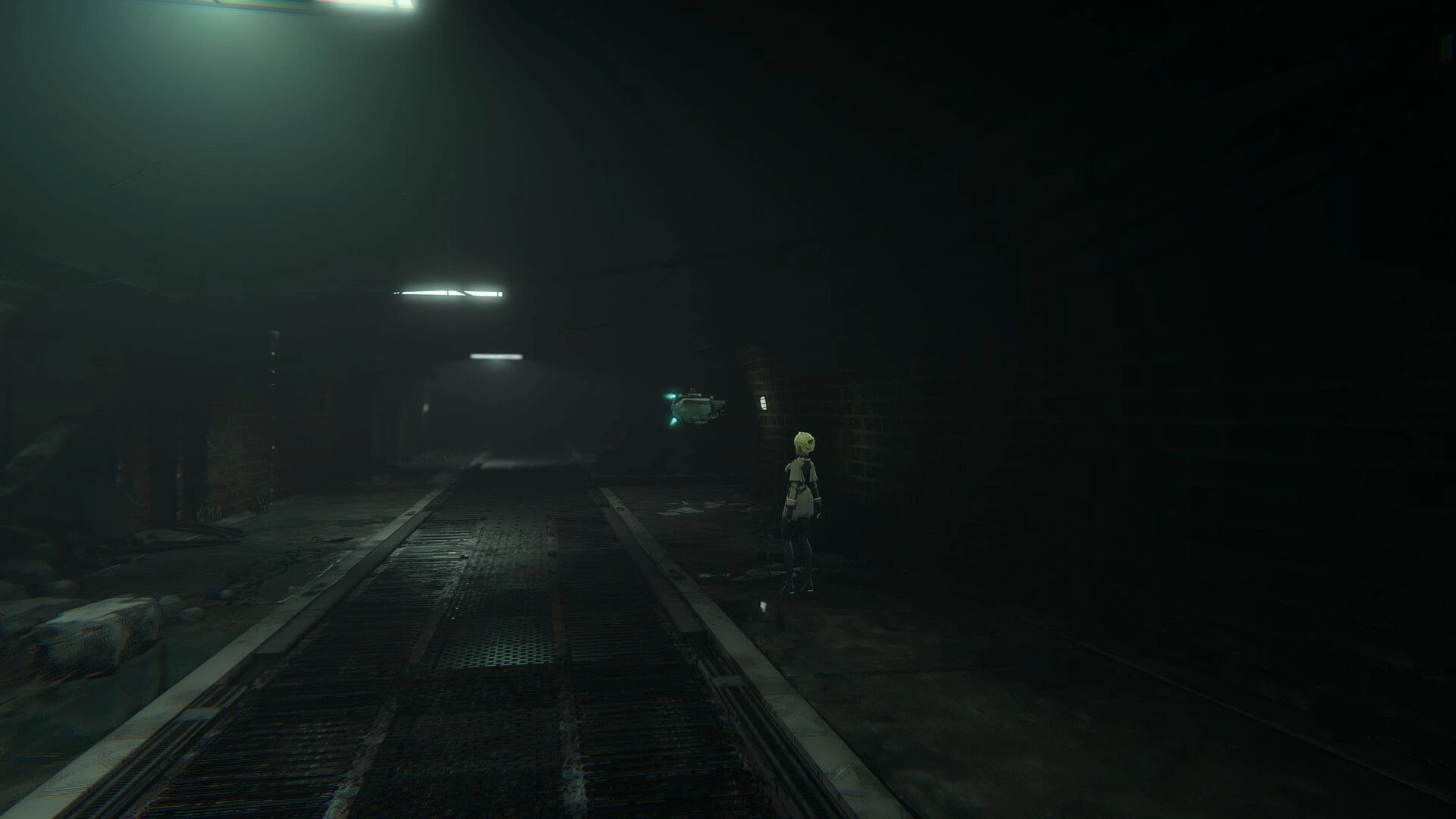 Parasite Mutant: Psionic Agent Nova exploring a dimly lit, eerie underground tunnel with a drone companion.