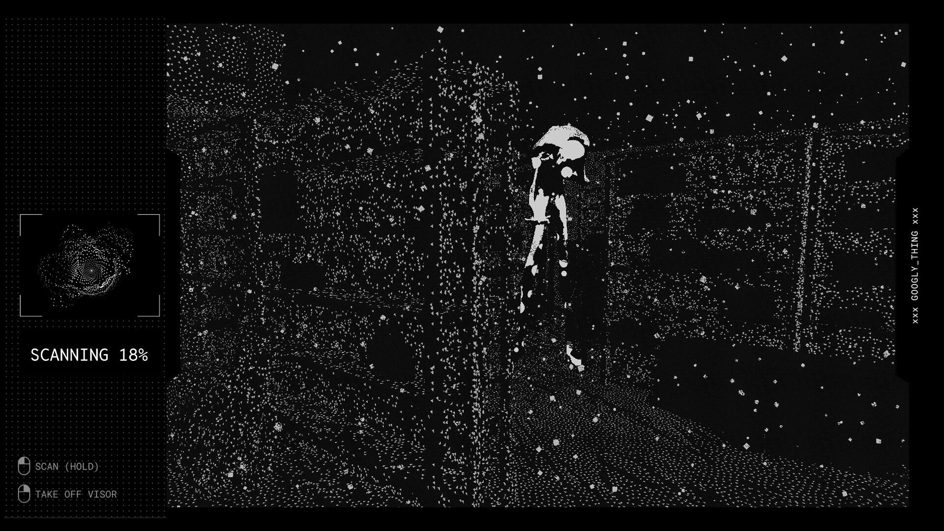 Paraxima: Visor scan at 18% highlights a humanoid figure in a grainy, static-filled corridor.