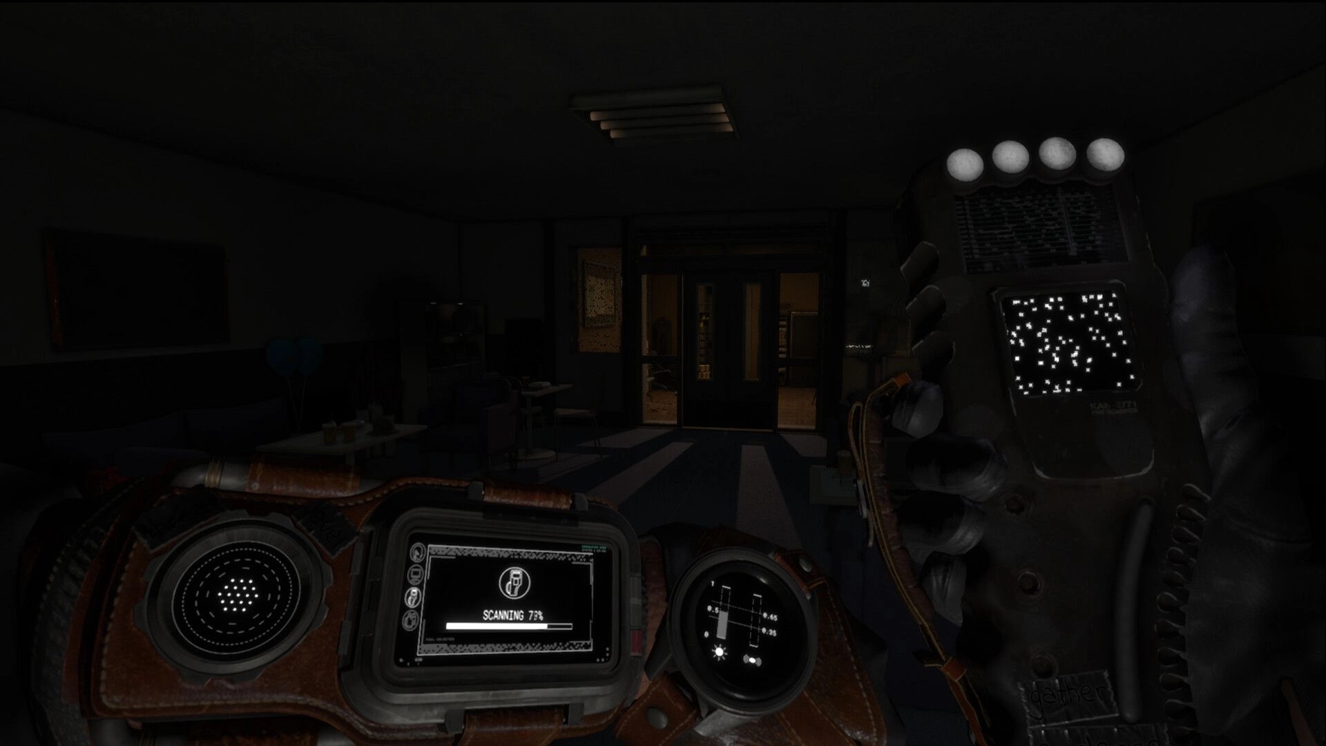 Paraxima: Handheld scanner at 73% and static detector raised in a dim lobby with double doors ahead.