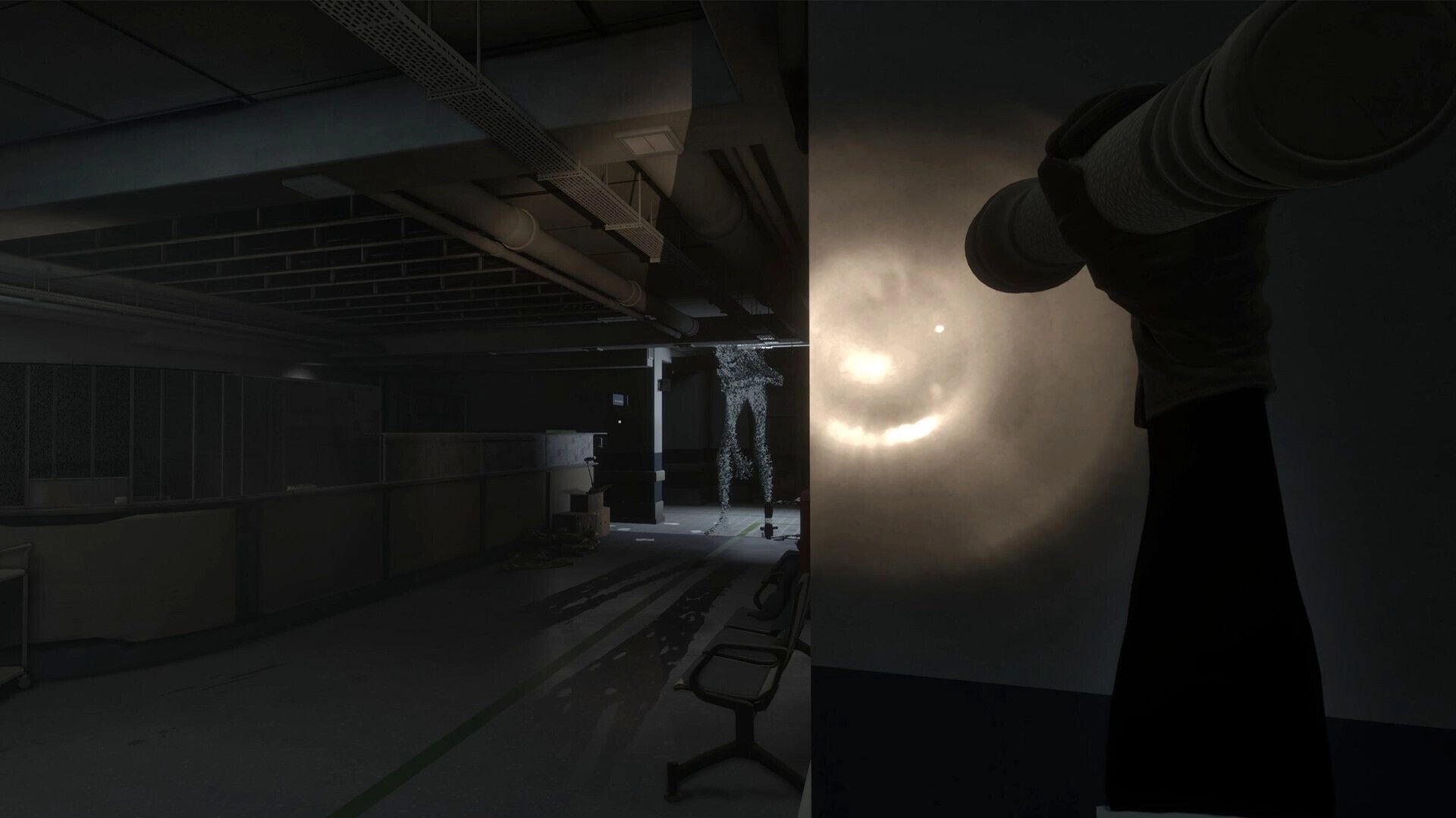 Paraxima: Flashlight aimed at a shimmering humanoid figure in a dark industrial corridor room.