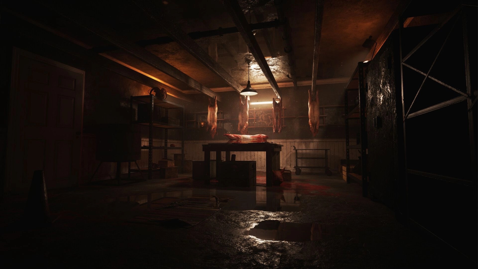 Paresis® II: Blood-stained butcher room with hanging carcasses and a central table under dim lights.