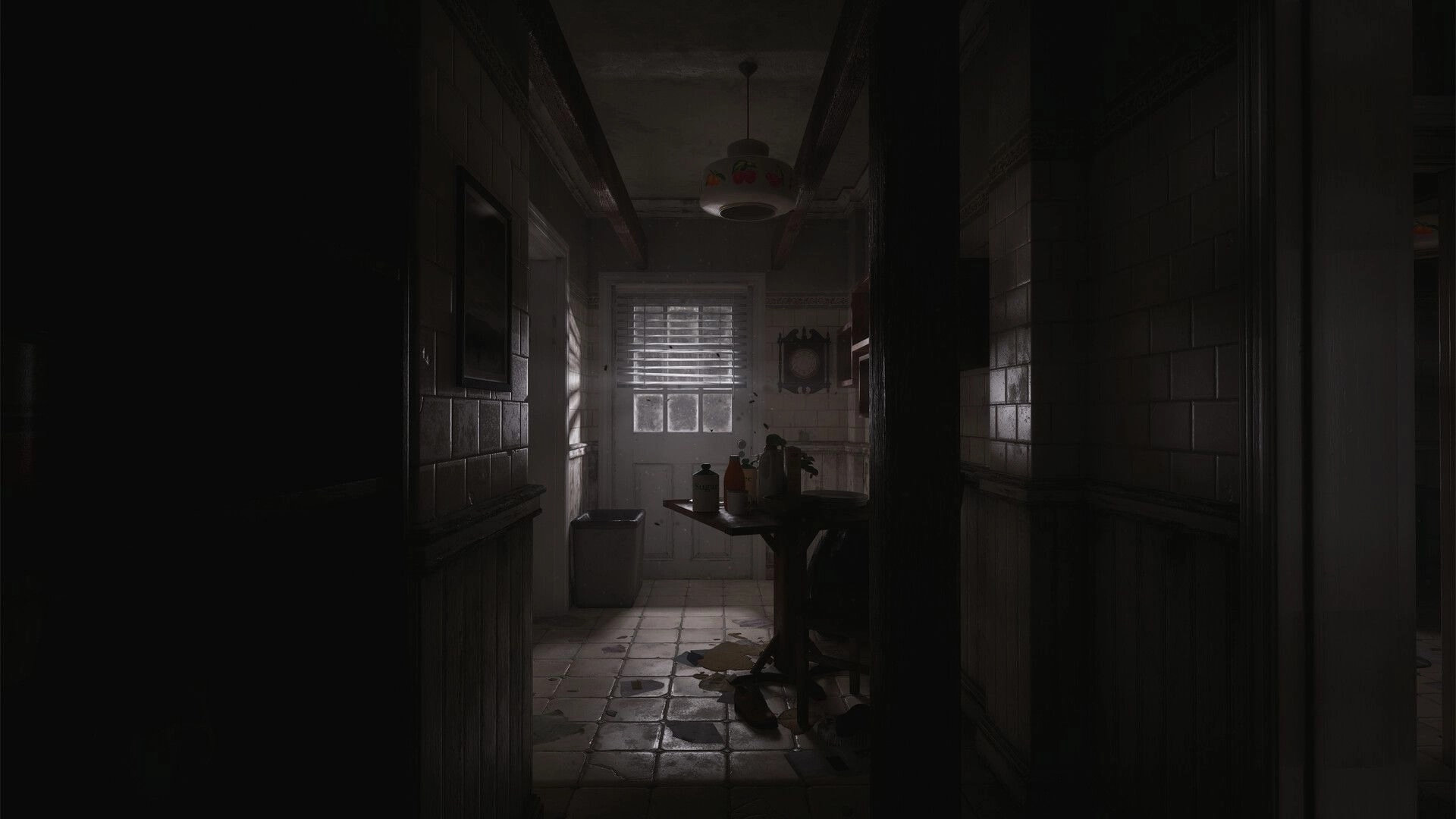 Paresis® II: Creeping through a dim tiled hallway toward a back door, cluttered table ahead.