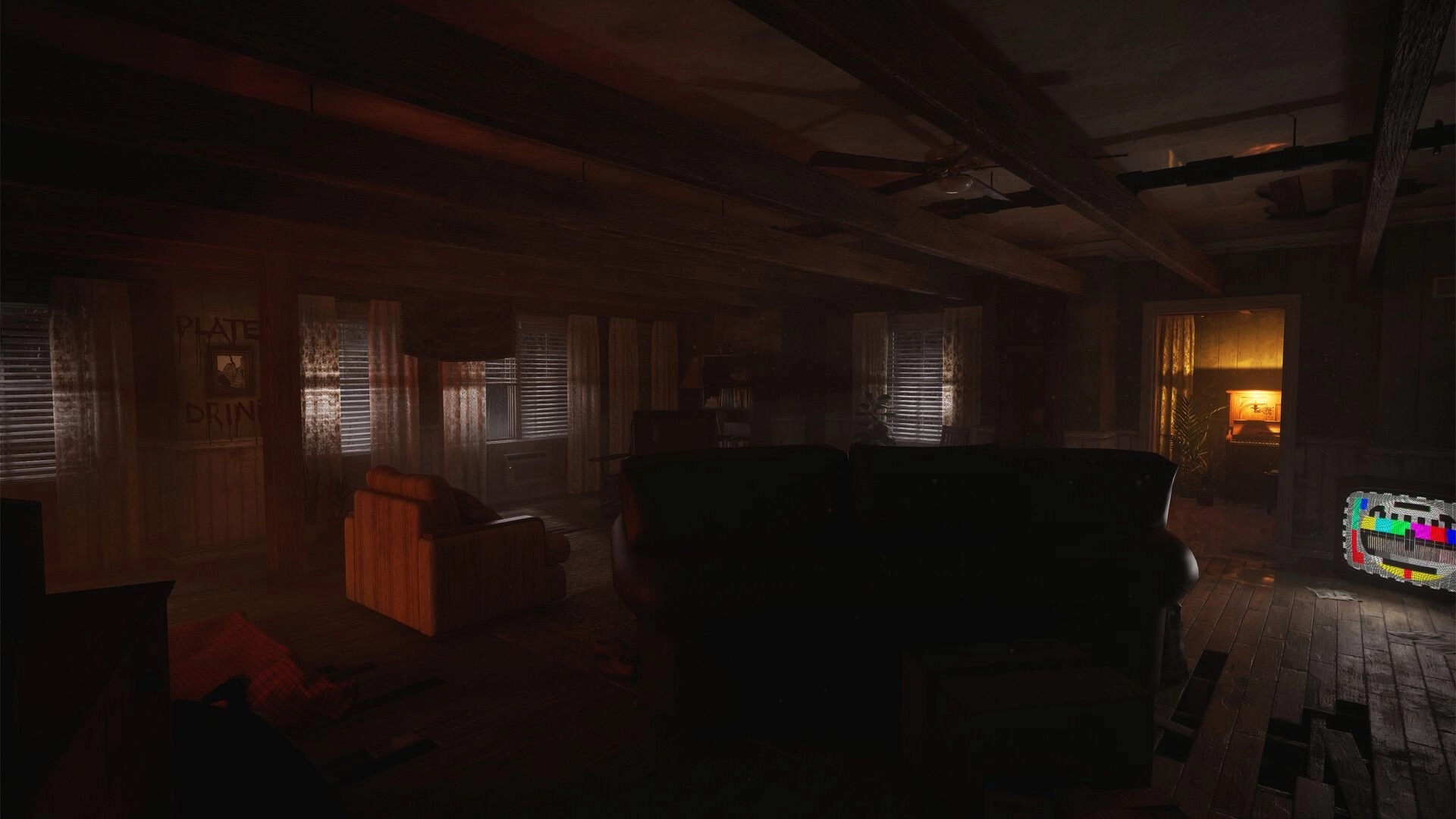 Paresis® II: Exploring a dim wooden living room with couches, blinds, and a TV test screen glow.