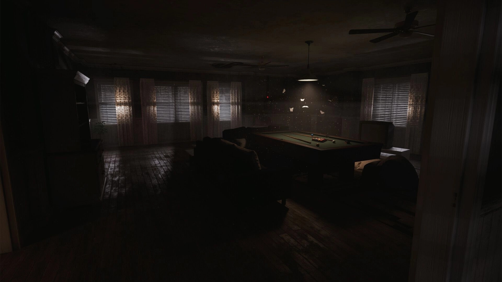 Paresis® II: Dusty pool table lit by a hanging lamp in a dark, shuttered game room.