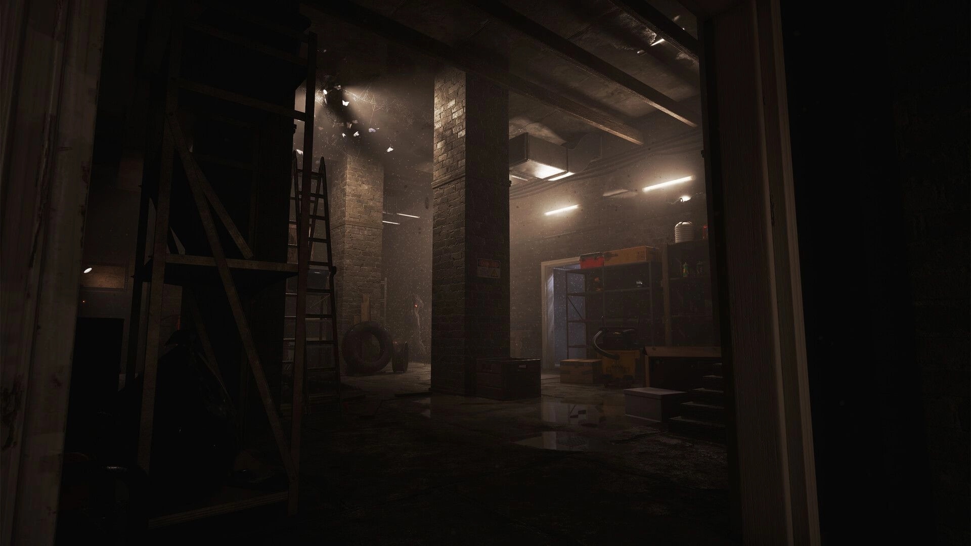 Paresis® II: Exploring a dim, dusty basement workshop with brick pillars, ladder, and shelves.