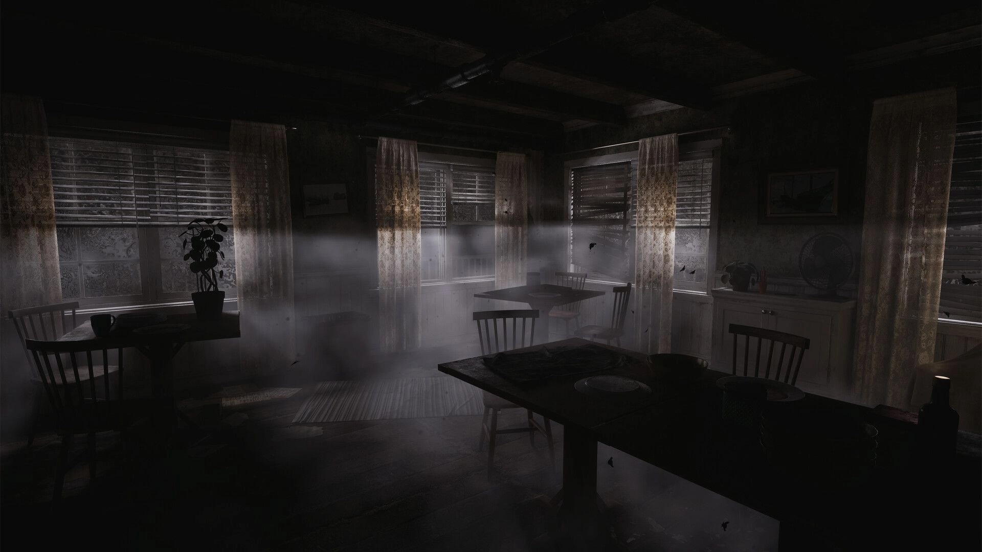 Paresis® II: Dusty dining room with tables and chairs, foggy light through curtained windows.