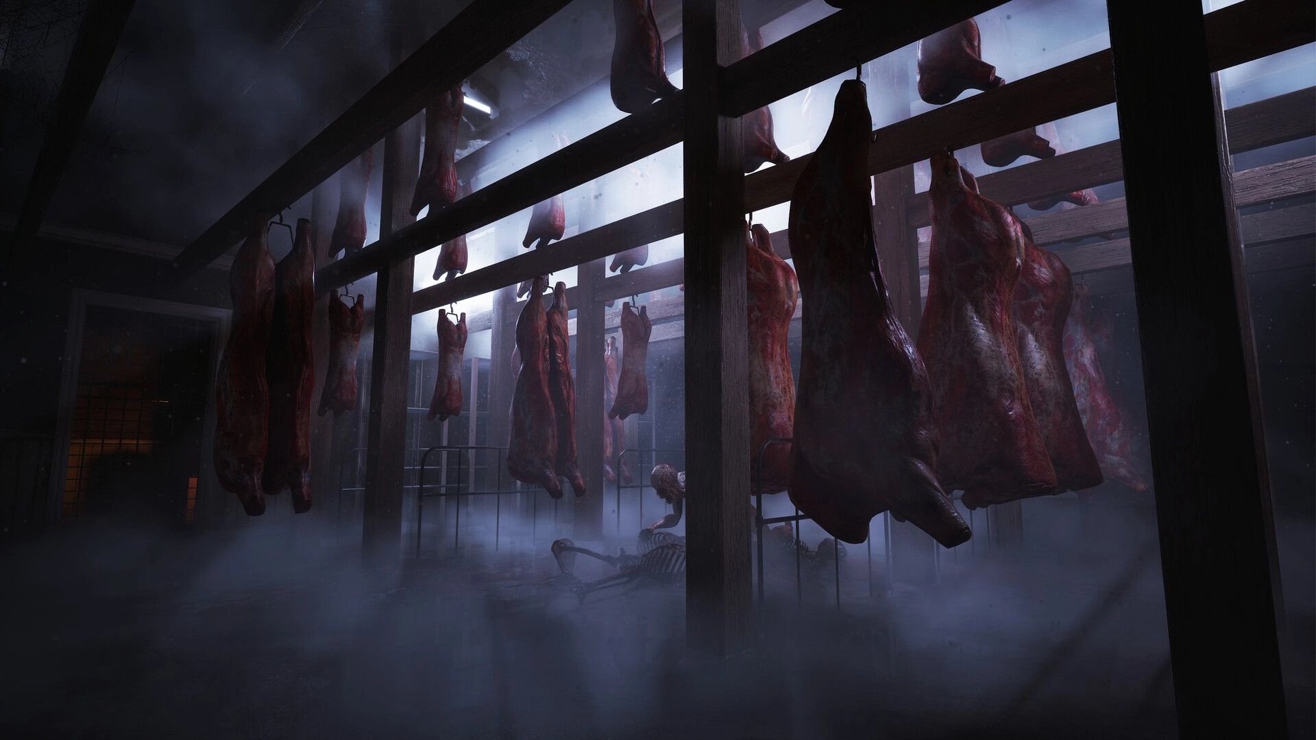 Paresis® II: Hanging carcasses sway above misty beds in a dim, cold room lit by skylights.