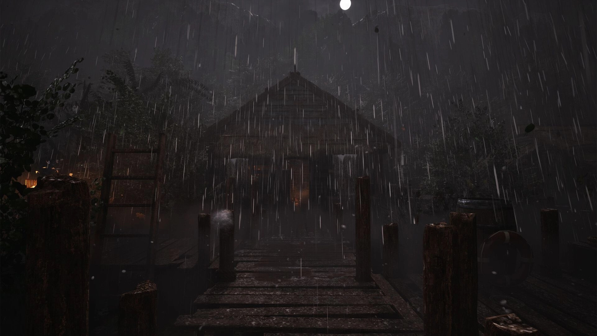 Paresis® II: Rain-soaked dock leading to a shadowy cabin at night, moonlight and fog in woods.