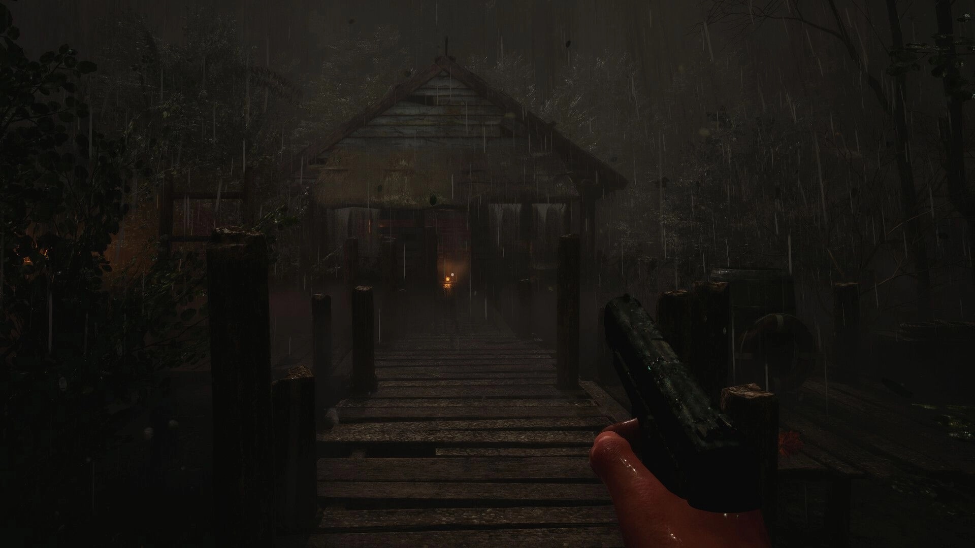 Paresis® II: First-person view aiming a pistol on a rain-soaked dock toward a dim boathouse door.