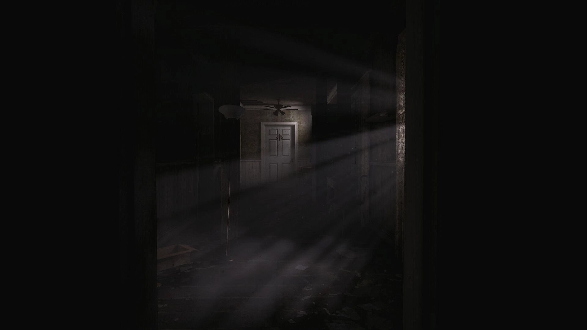 Paresis® II: Dusty light beams reveal a closed white door at end of a dark, ruined hallway.