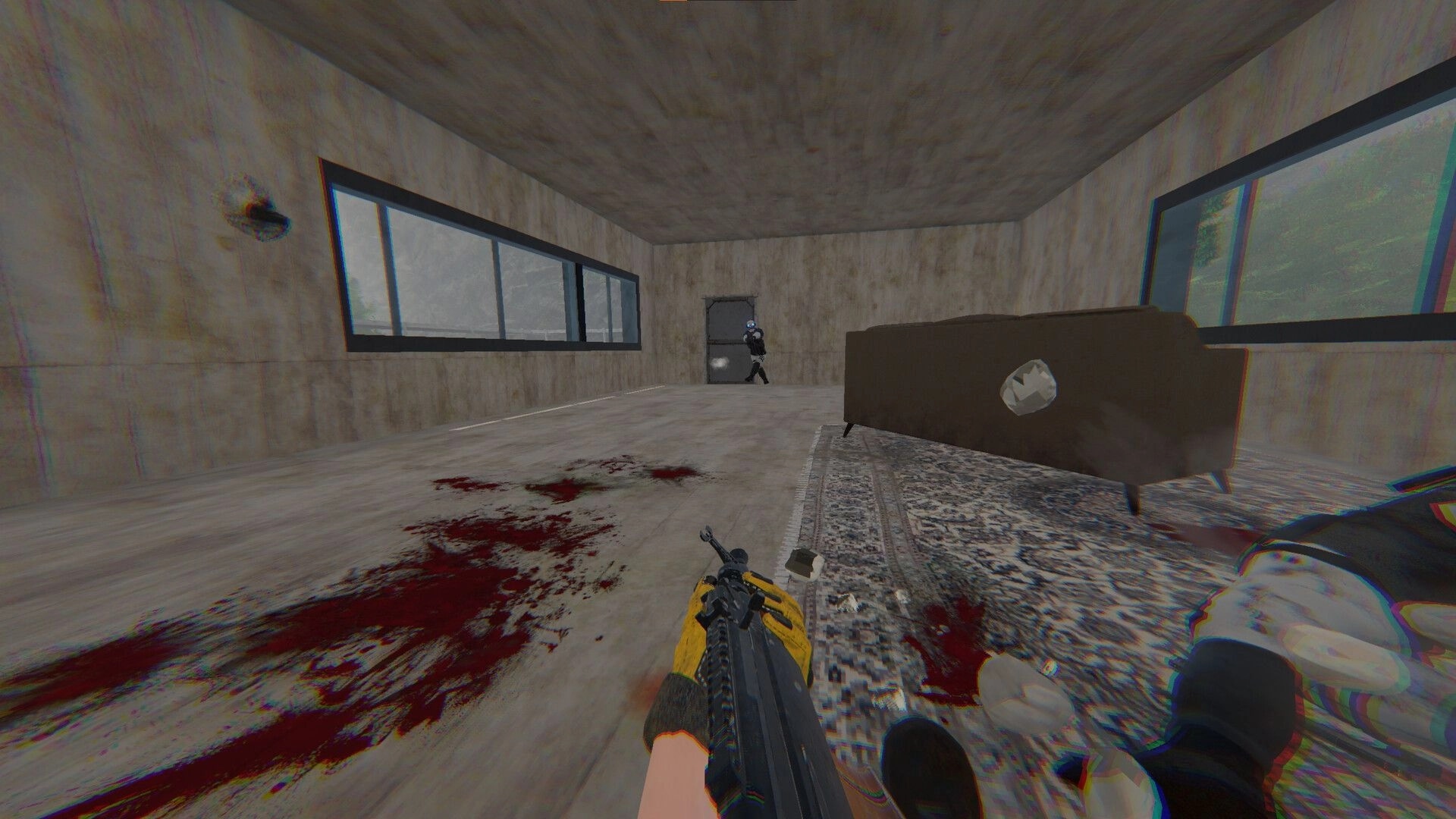 Partizan: First-person view aiming at enemy in a bloodstained, concrete room with large windows