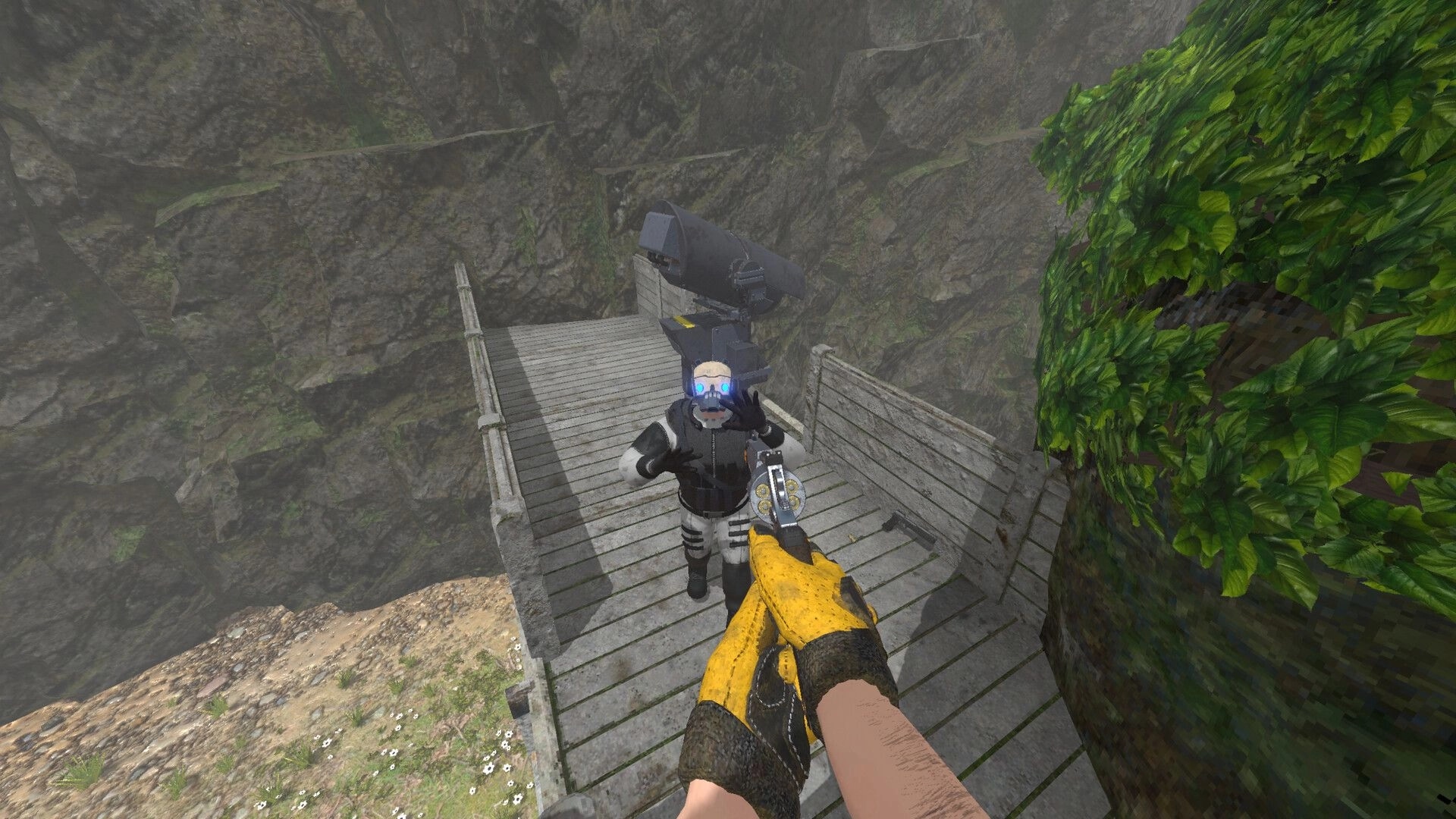 Partizan: First-person view aiming at armored enemy on a wooden bridge in a rocky, overgrown canyon