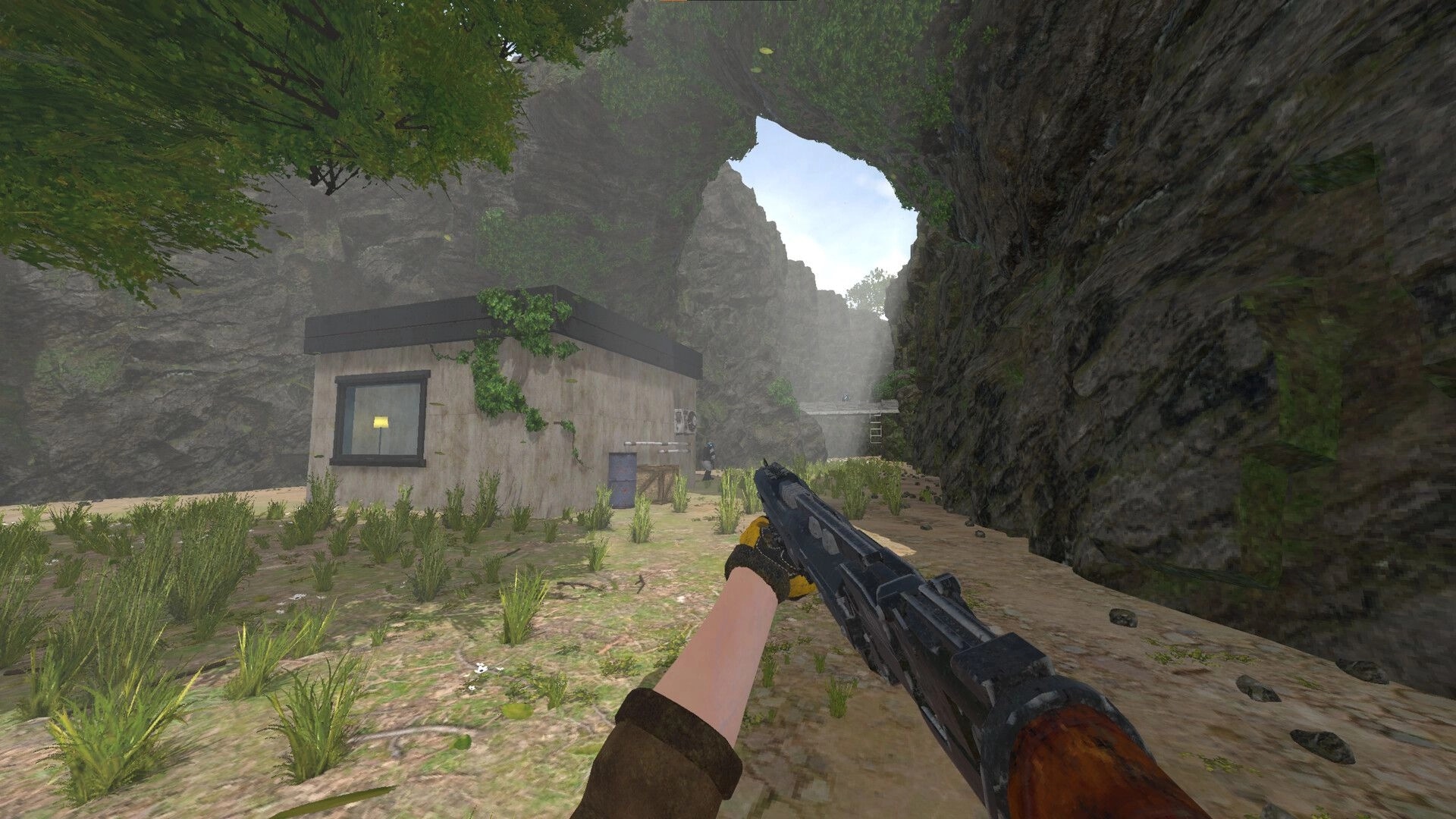 Partizan: First-person view aiming at a small building in a rocky canyon with foliage surrounding it