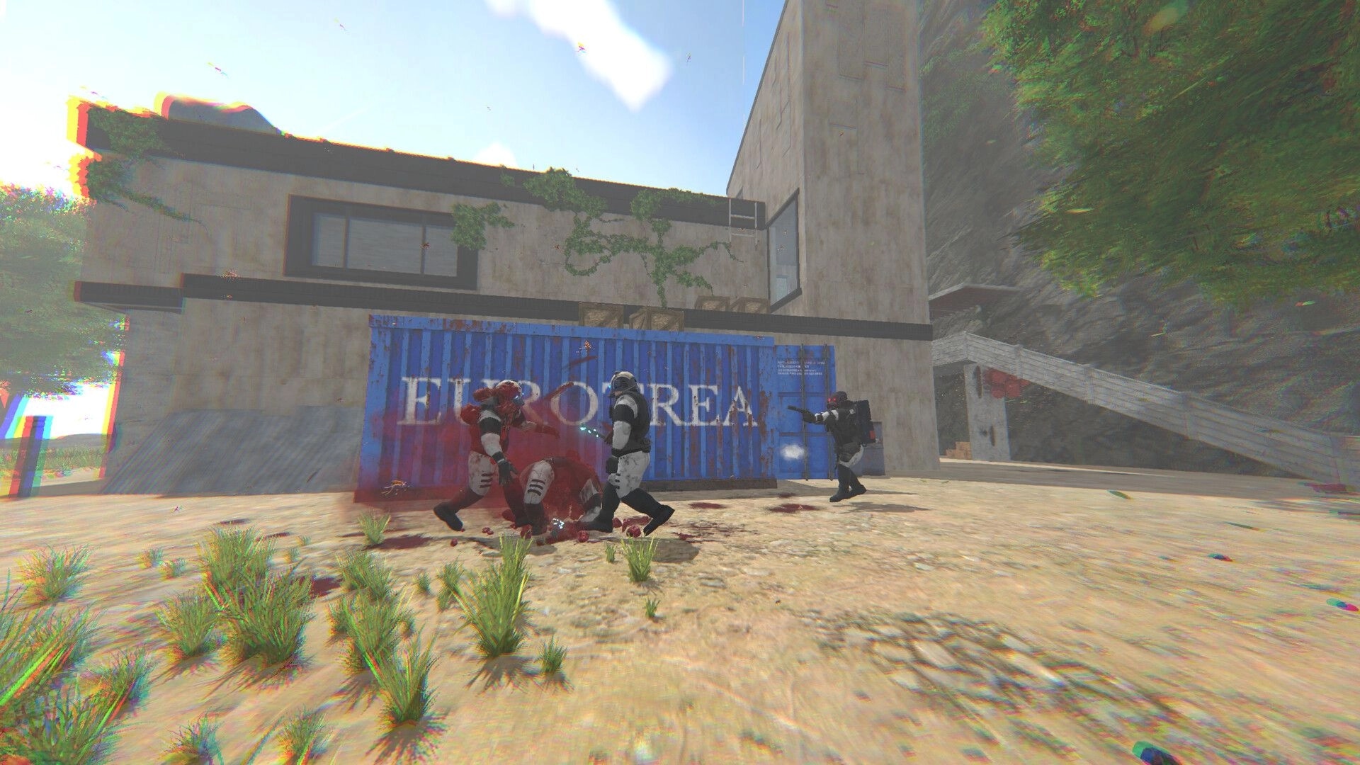 Partizan: Intense combat scene with soldiers near a blue shipping container in a dystopian courtyard