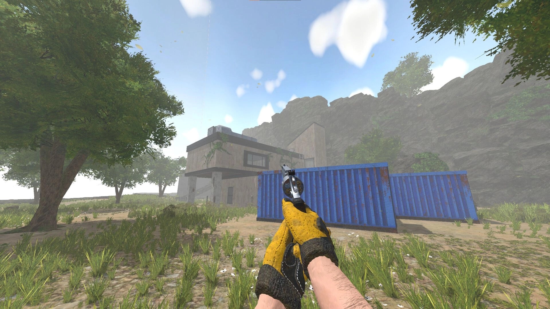 Partizan: First-person view aiming revolver at brutalist building near blue containers in forest clearing