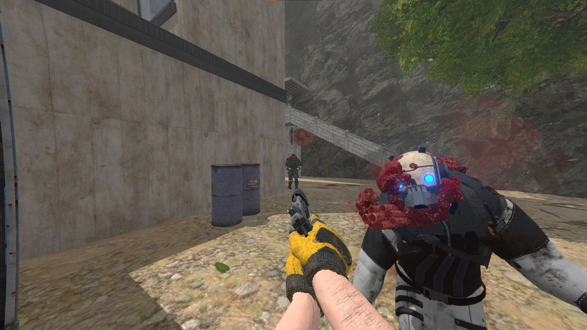 Partizan: Player aiming pistol at masked enemy in gritty industrial alleyway with barrels nearby