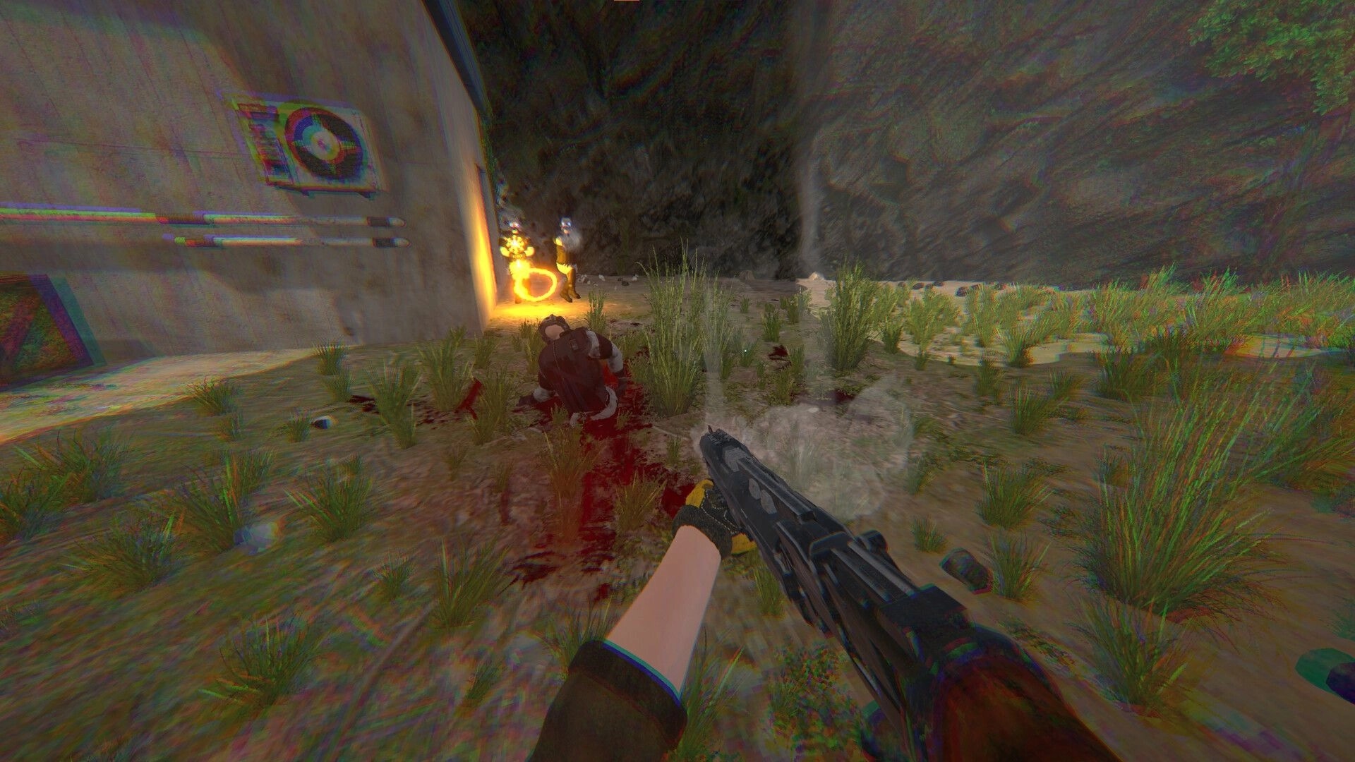 Partizan: First-person gunfight in overgrown industrial area with enemy near burning debris