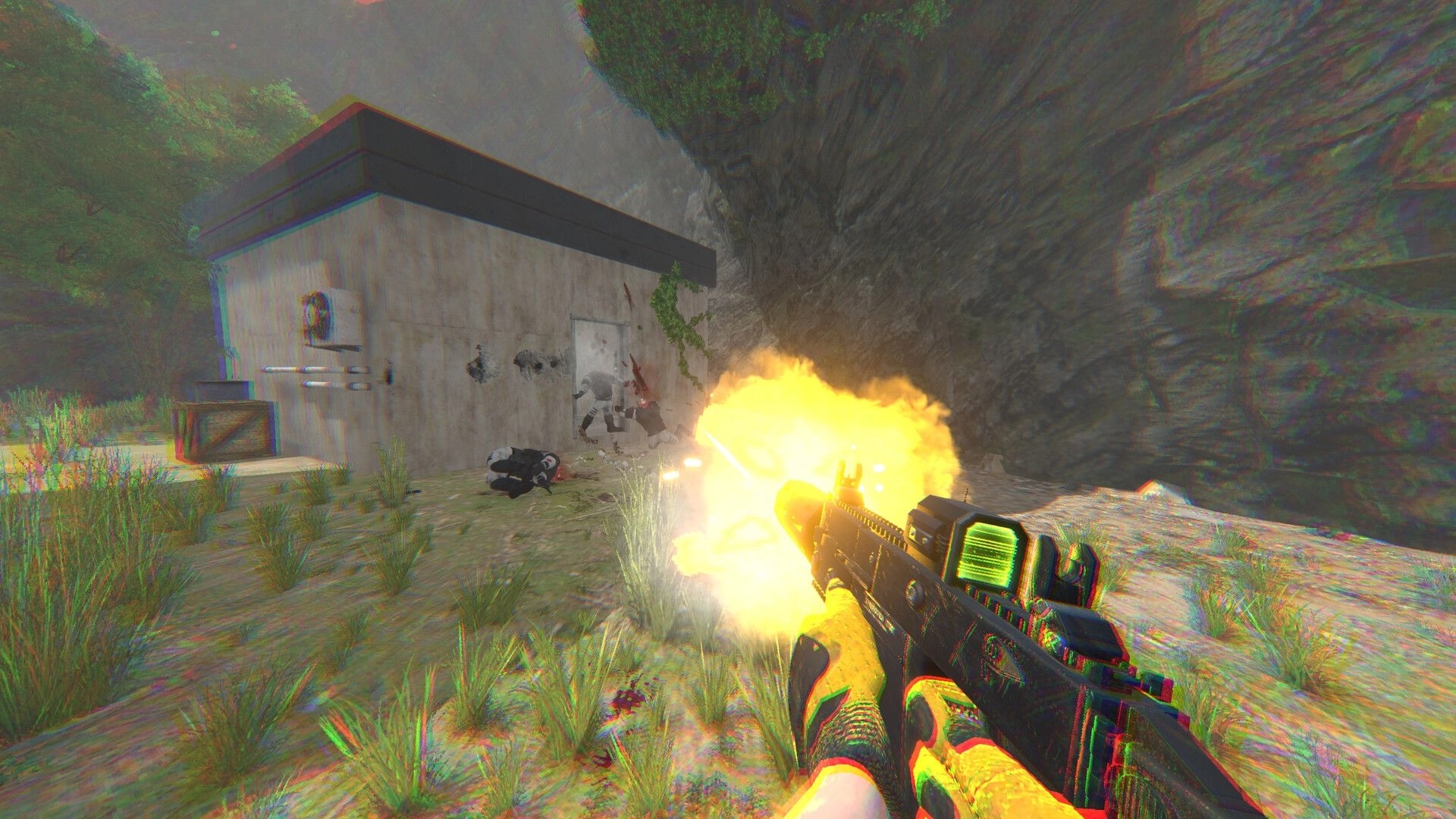 Partizan: Player firing assault rifle at enemies near concrete building in overgrown outdoor area