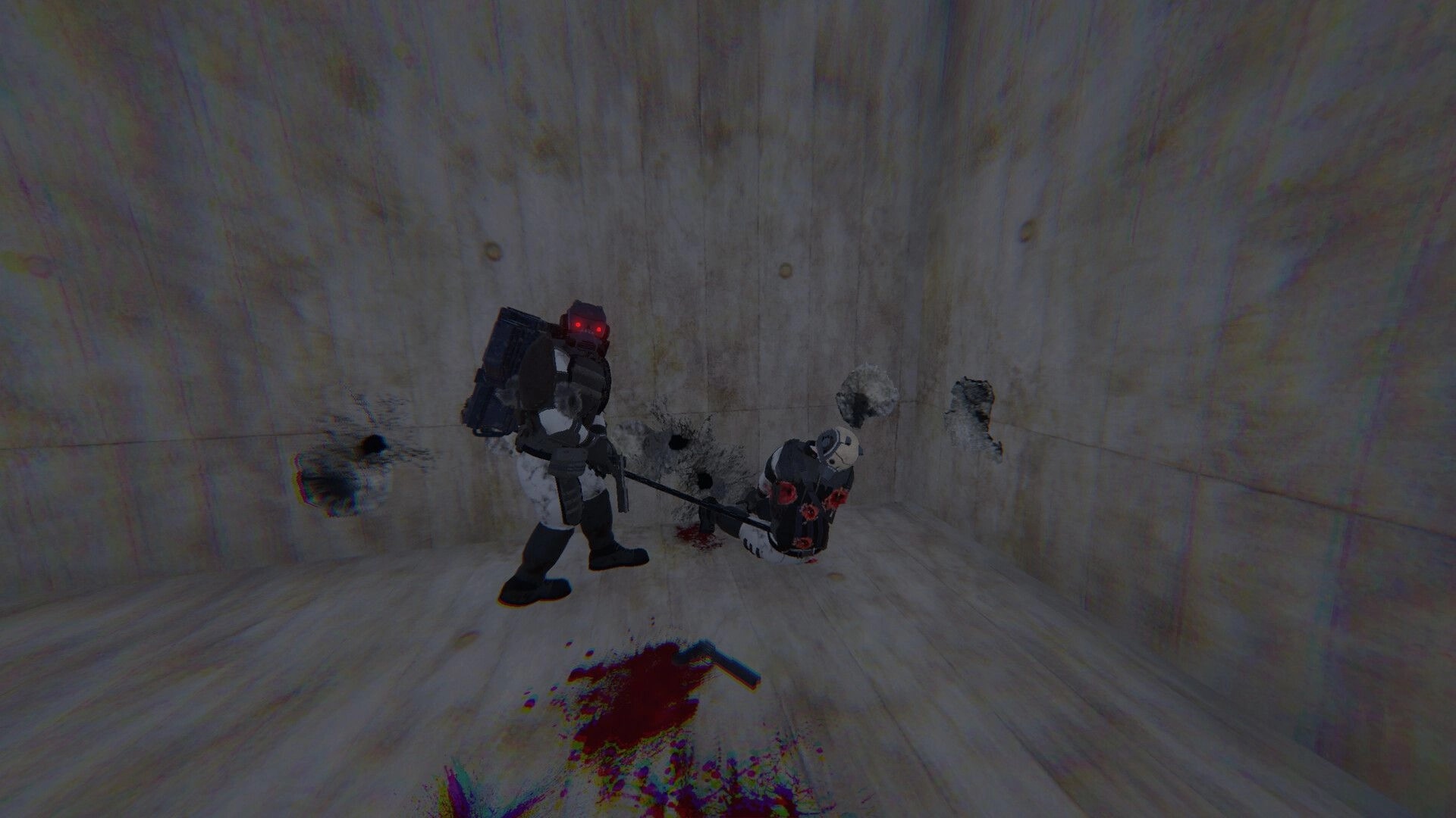 Partizan: Soldier with red eyes standing over a defeated enemy in a concrete room with blood stains
