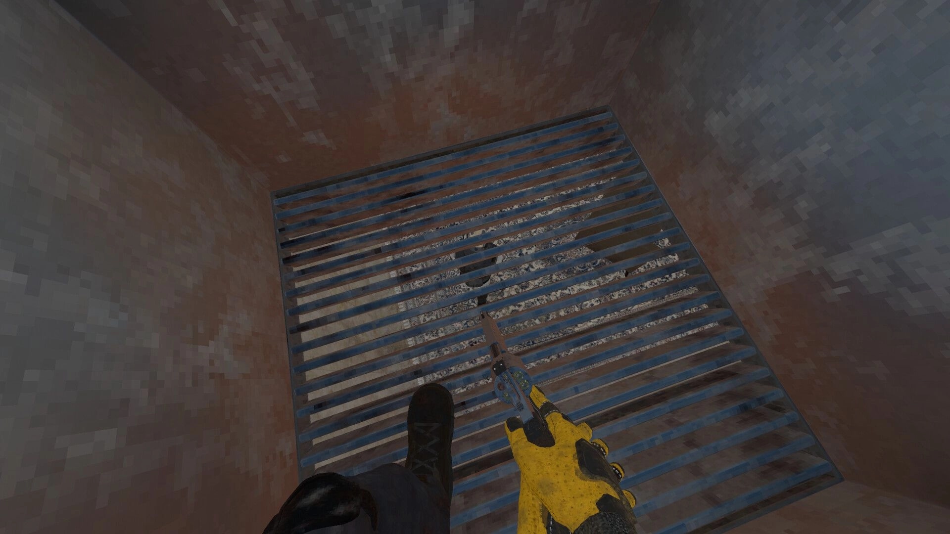 Partizan: Player descends ladder with yellow glove into gritty industrial vent system