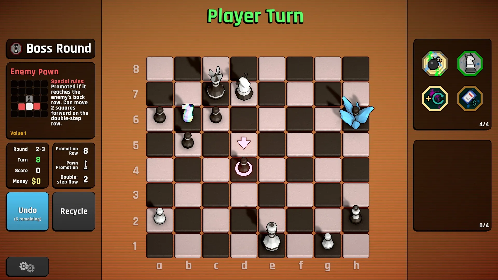 Passant: Player turn on chessboard with enemy pawns, special items, and boss round details displayed