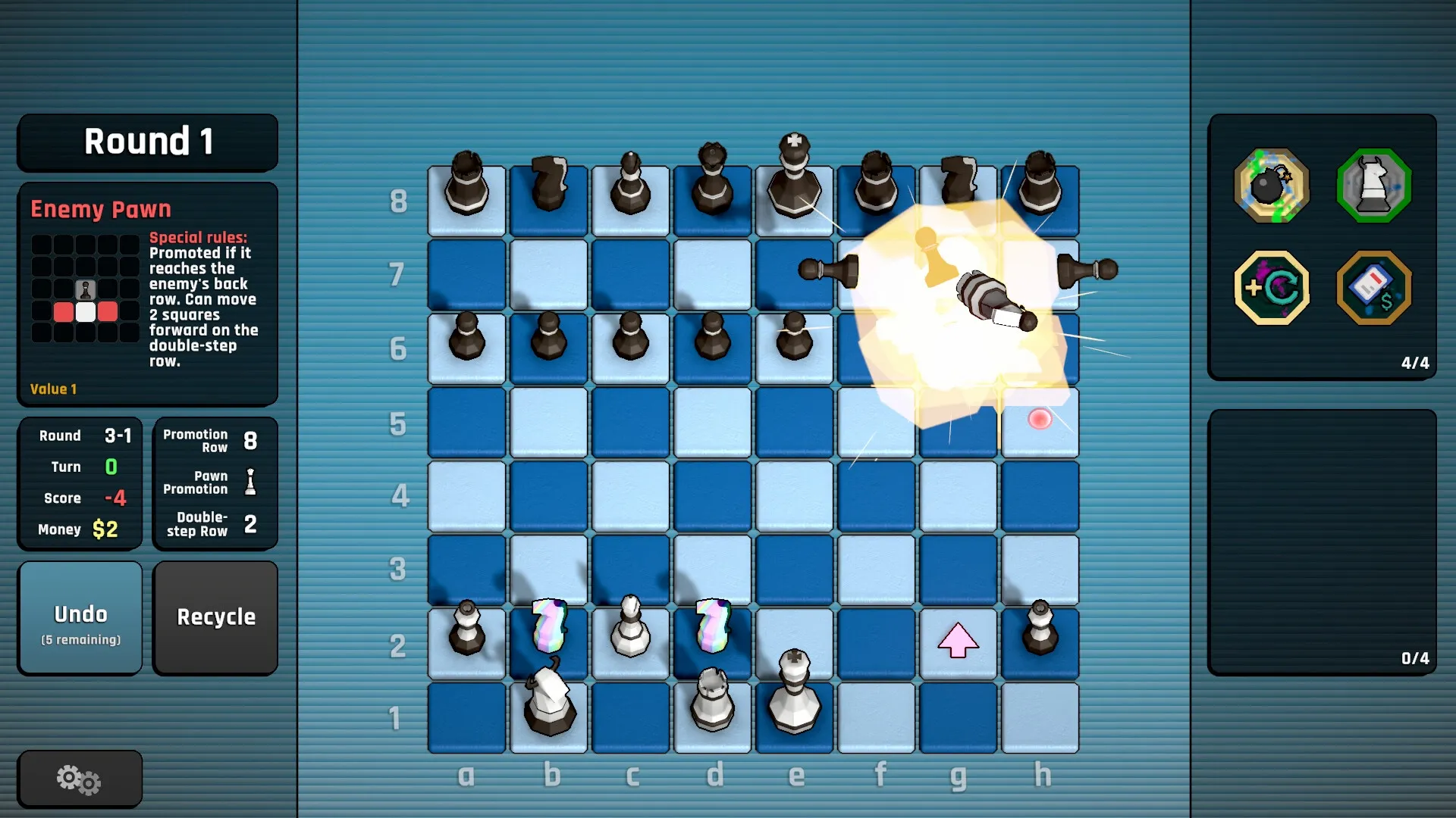 Passant: Explosion effect on chessboard, enemy pawn special rules, and player inventory in sidebar.